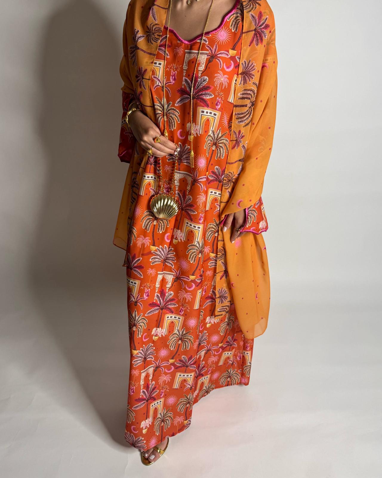 A519 -  Orange & Pink Moon & Palm Tree Pattern Jalabiya and Head Scarf