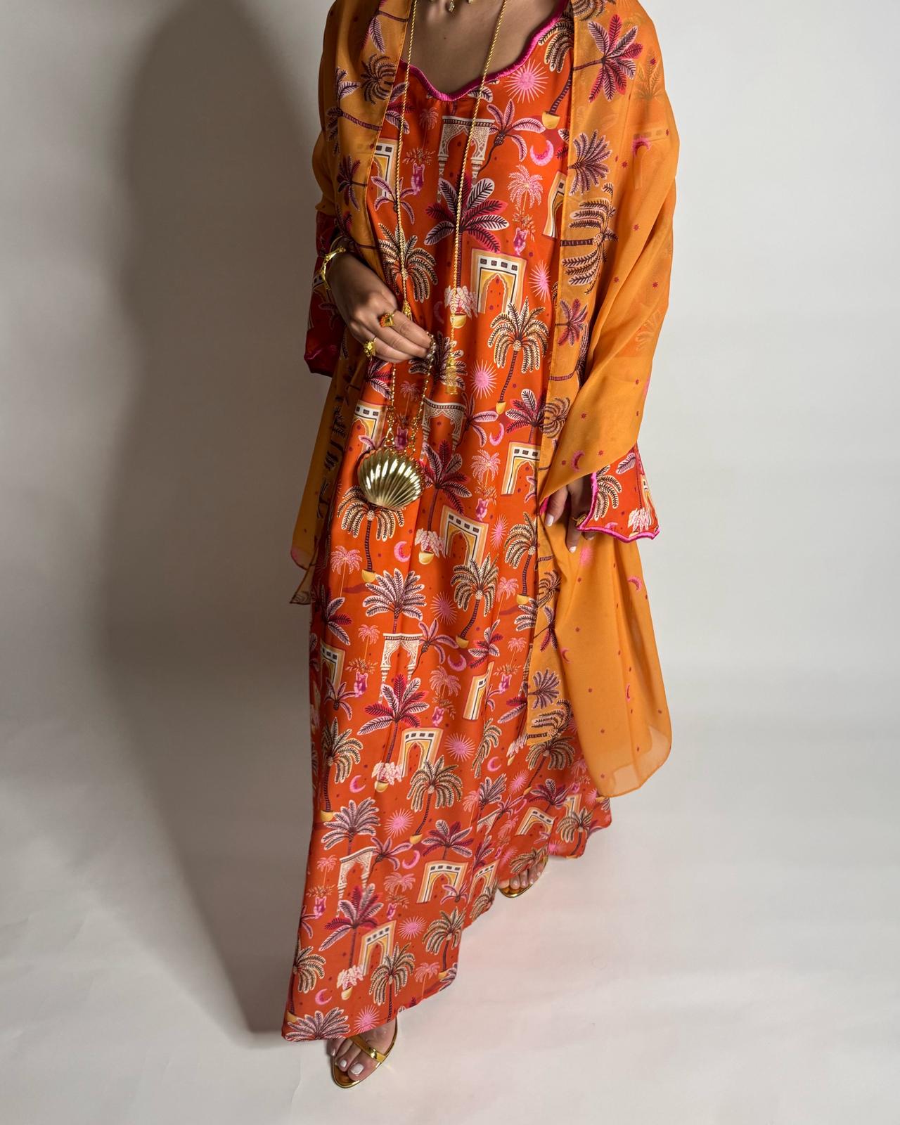 A519 -  Orange & Pink Moon & Palm Tree Pattern Jalabiya and Head Scarf