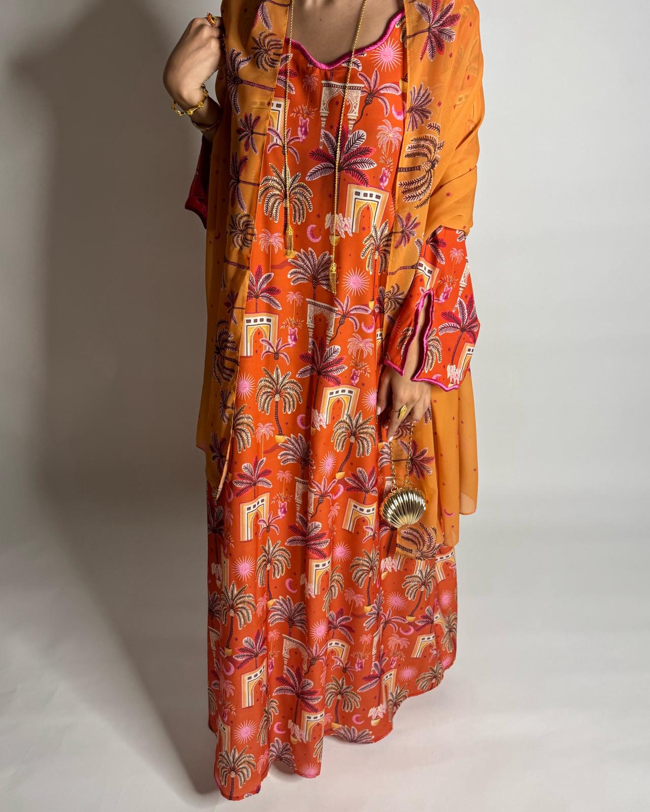 A519 -  Orange & Pink Moon & Palm Tree Pattern Jalabiya and Head Scarf