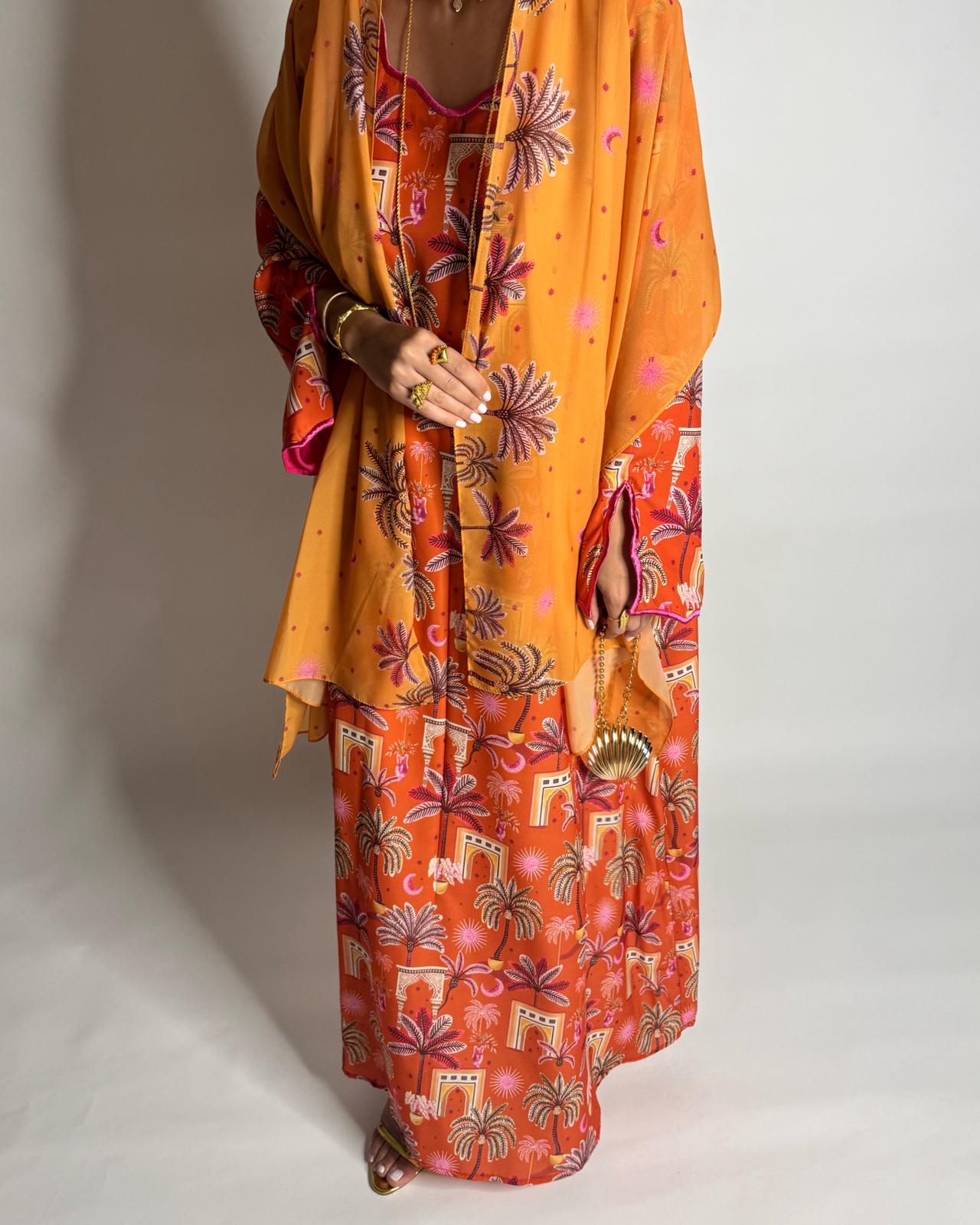 A519 -  Orange & Pink Moon & Palm Tree Pattern Jalabiya and Head Scarf