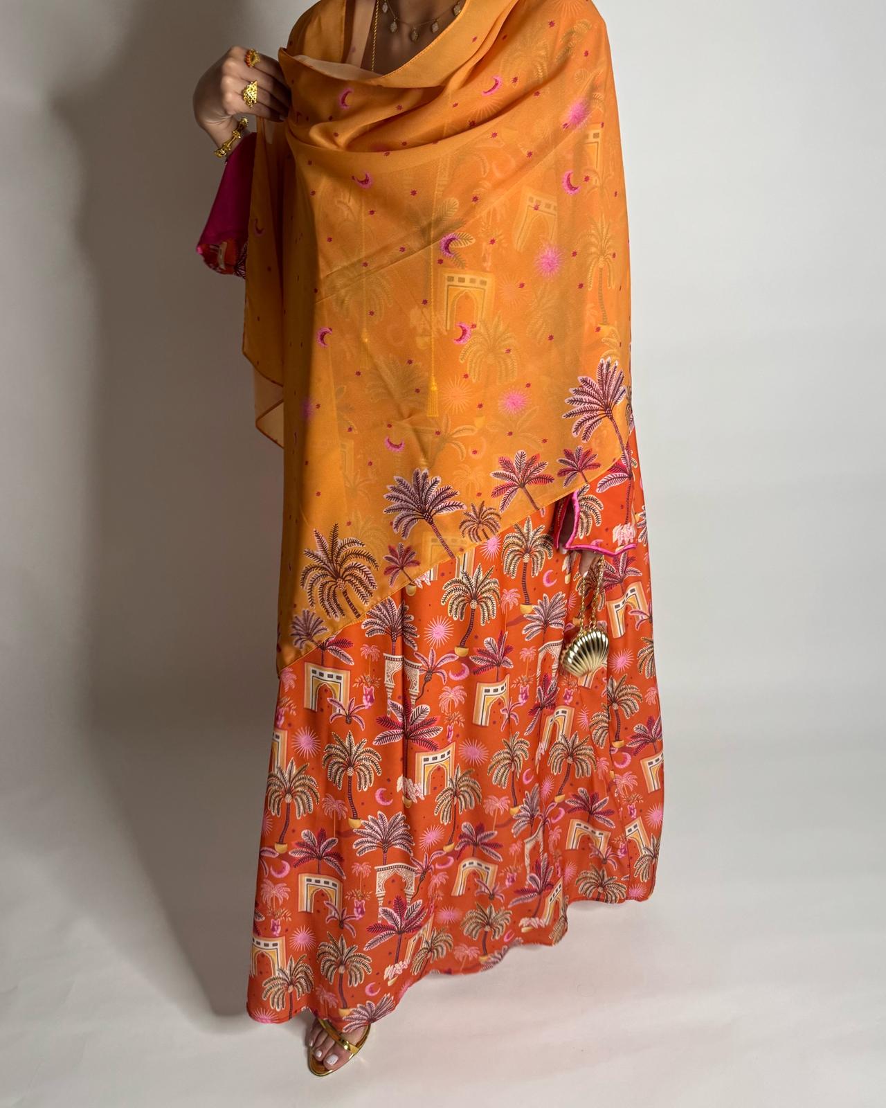 A519 -  Orange & Pink Moon & Palm Tree Pattern Jalabiya and Head Scarf