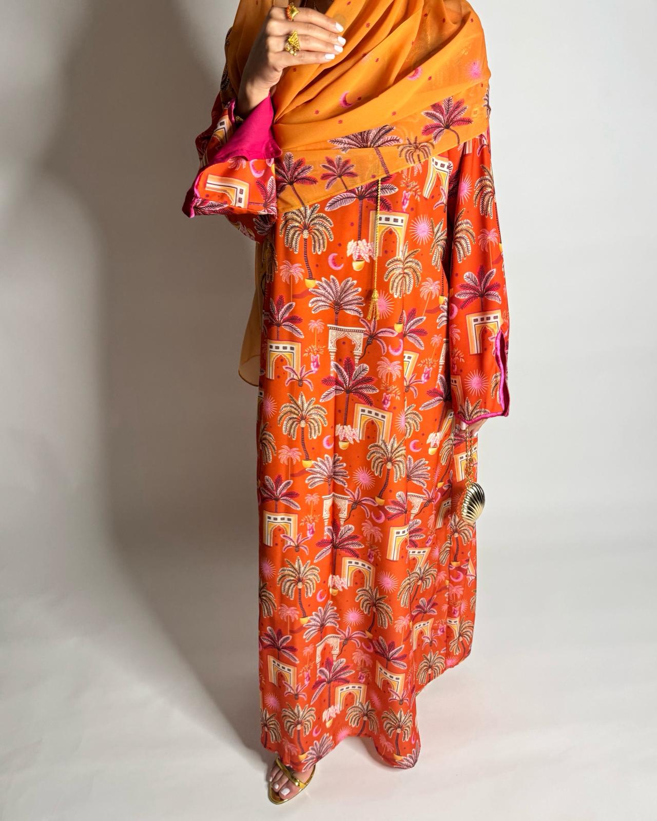 A519 -  Orange & Pink Moon & Palm Tree Pattern Jalabiya and Head Scarf