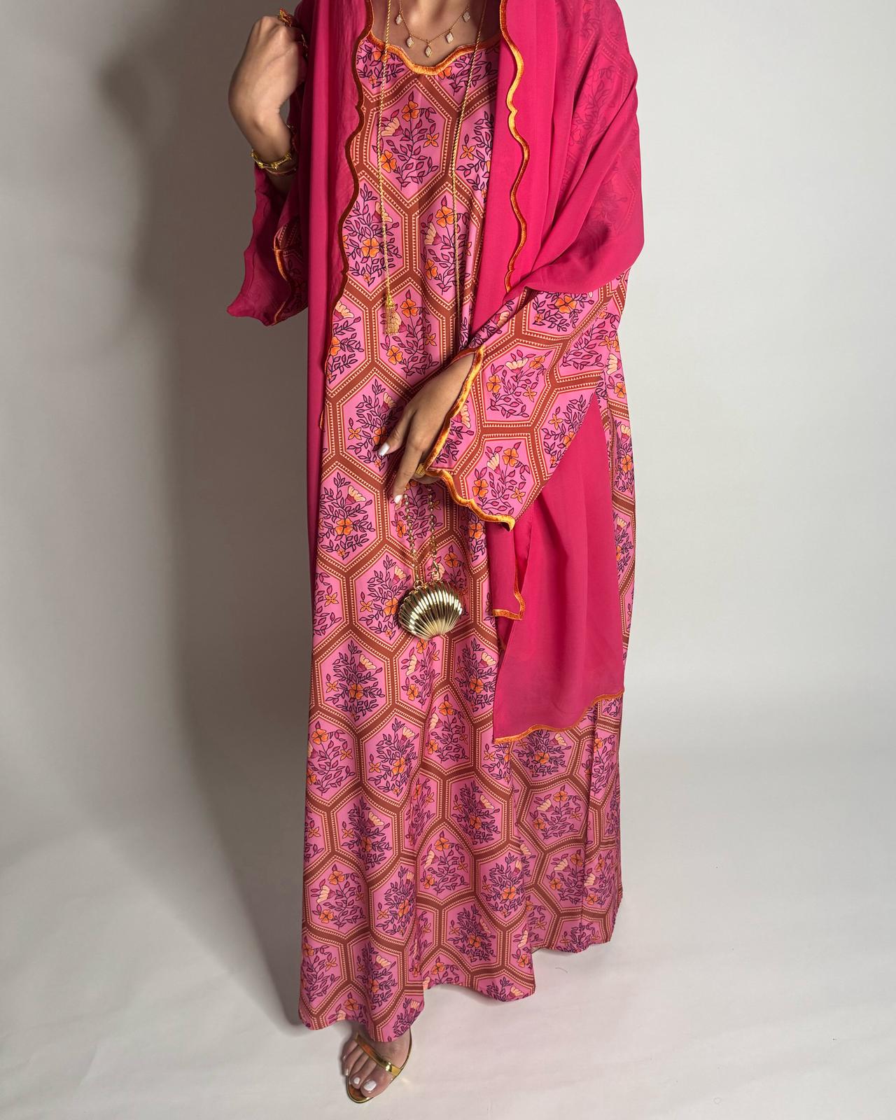 A524 - Pink Hexagon Pattern Jalabiya & Matching Head Scarf