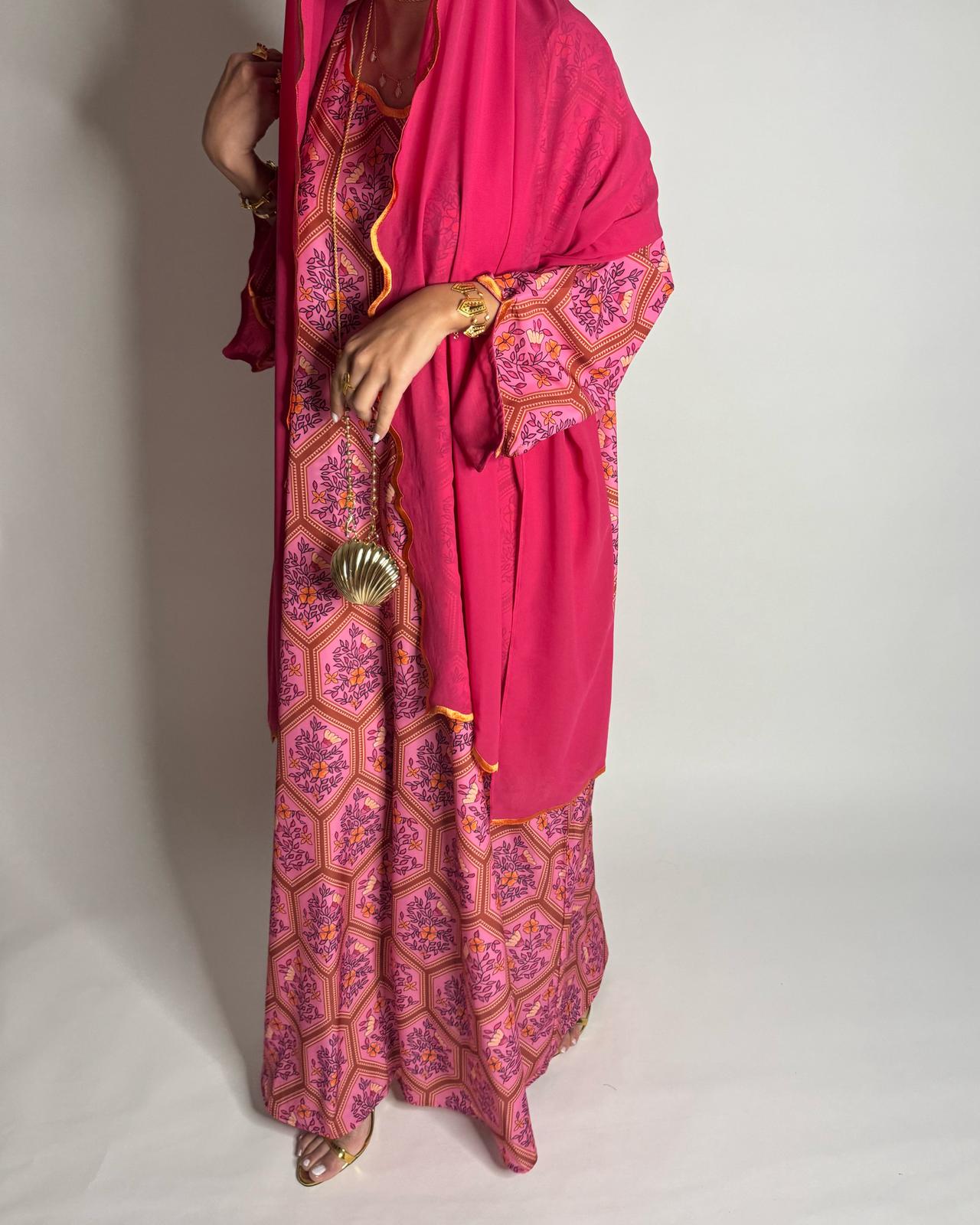 A524 - Pink Hexagon Pattern Jalabiya & Matching Head Scarf