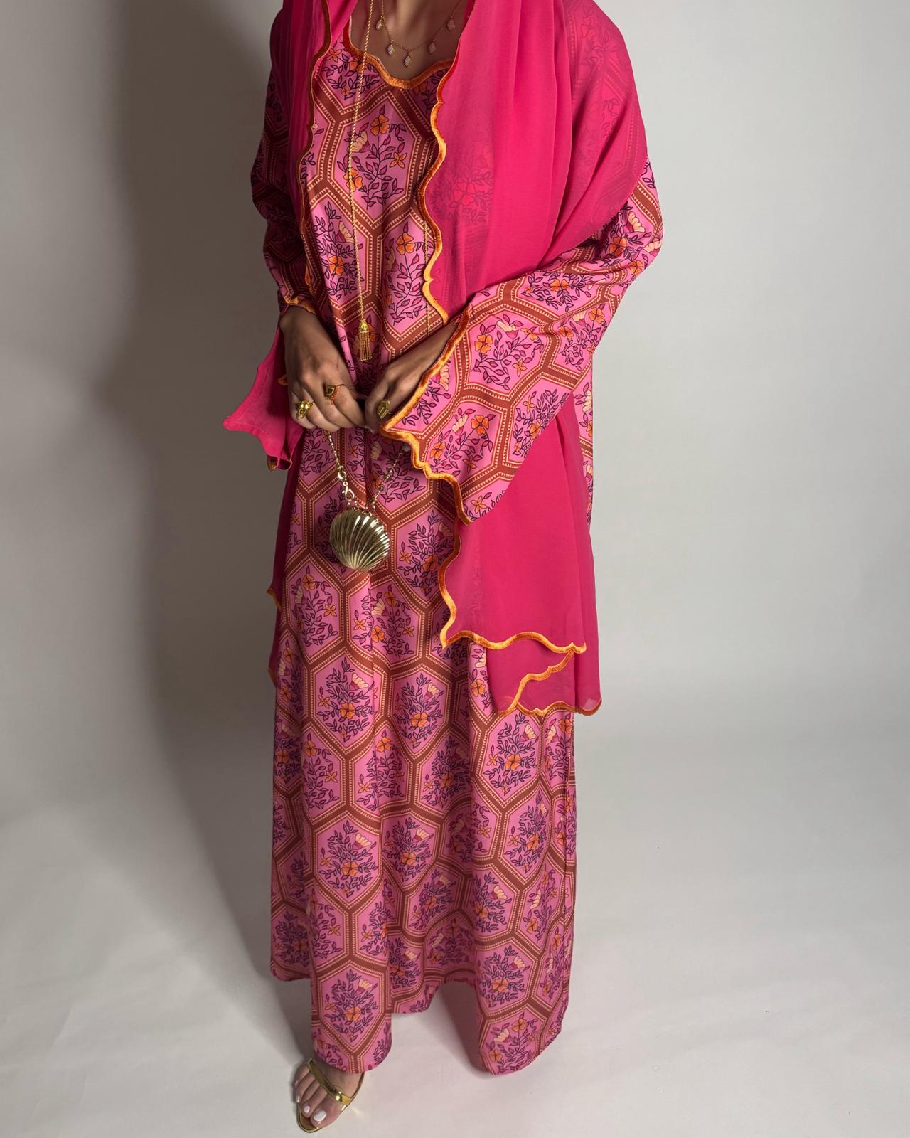 A524 - Pink Hexagon Pattern Jalabiya & Matching Head Scarf