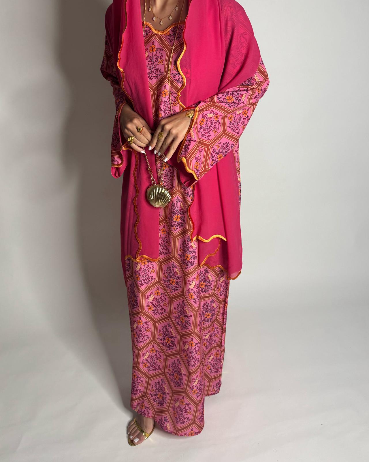 A524 - Pink Hexagon Pattern Jalabiya & Matching Head Scarf
