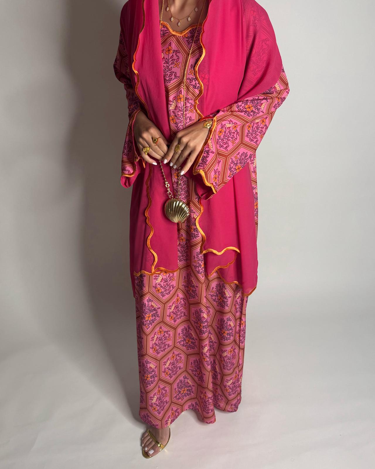 A524 - Pink Hexagon Pattern Jalabiya & Matching Head Scarf
