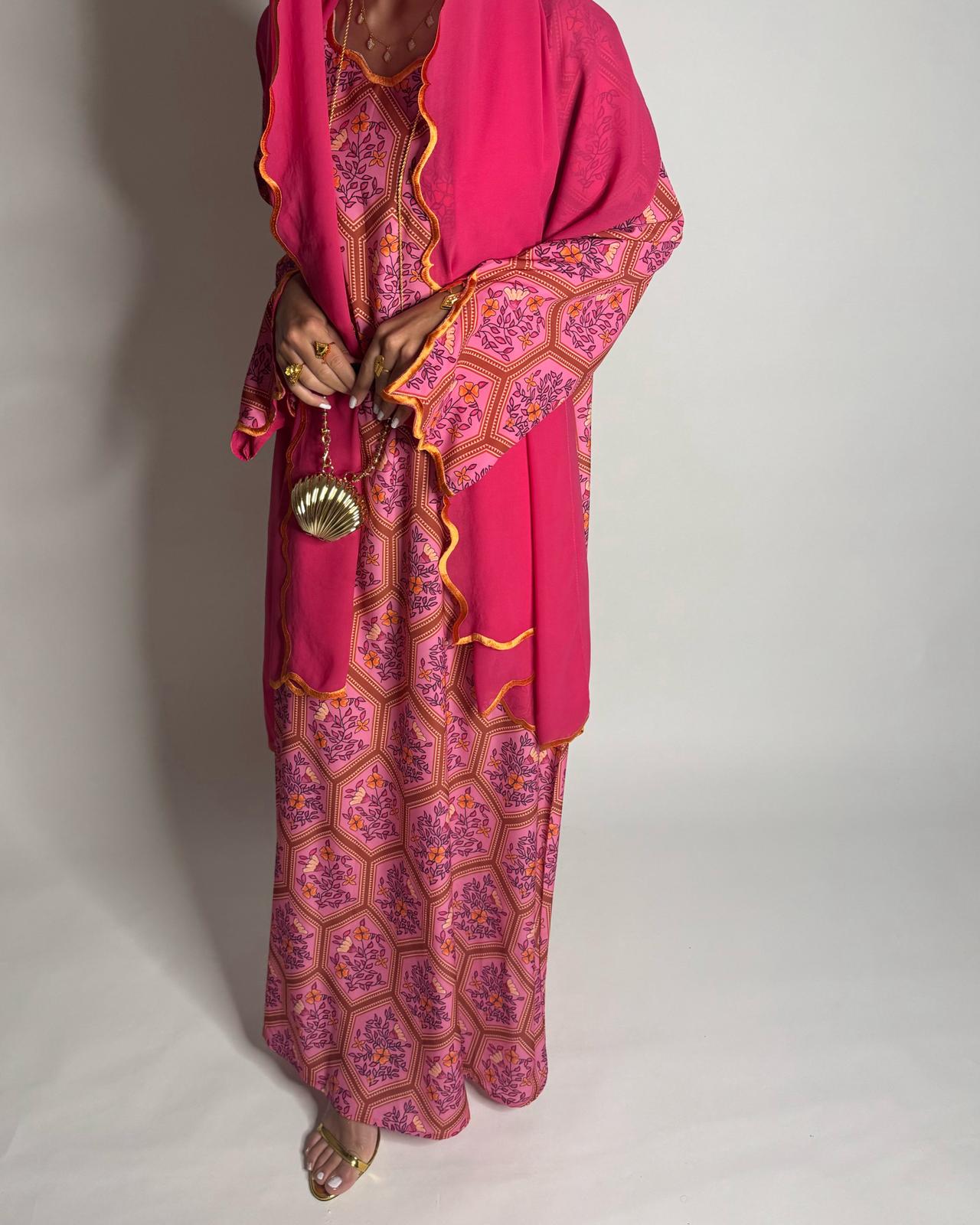 A524 - Pink Hexagon Pattern Jalabiya & Matching Head Scarf