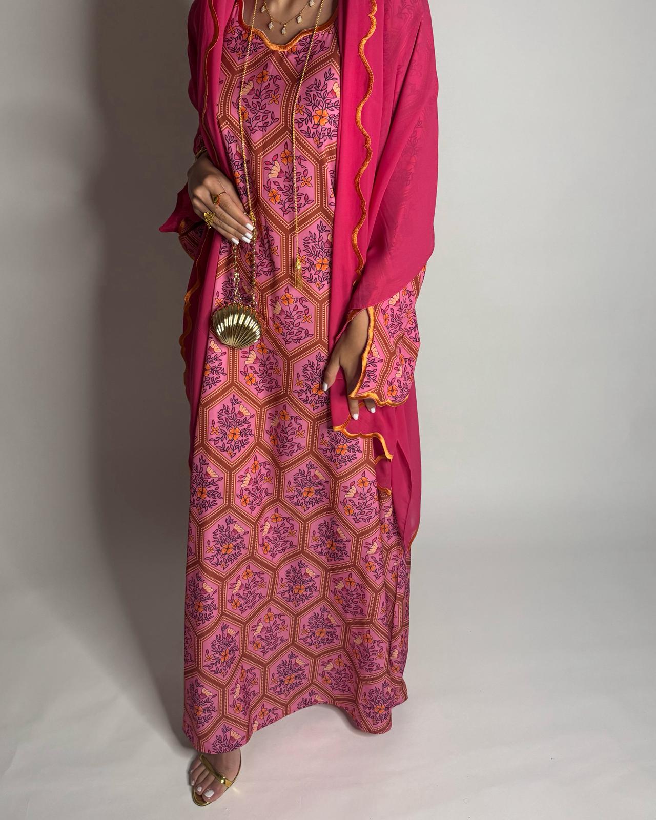 A524 - Pink Hexagon Pattern Jalabiya & Matching Head Scarf