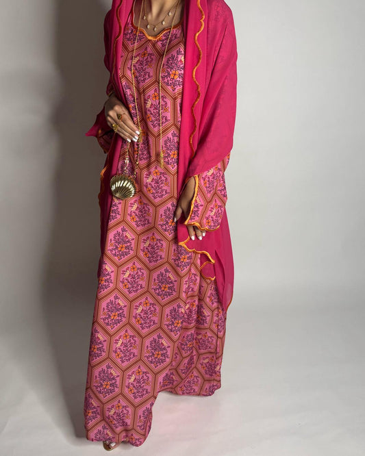 A524 - Pink Hexagon Pattern Jalabiya & Matching Head Scarf
