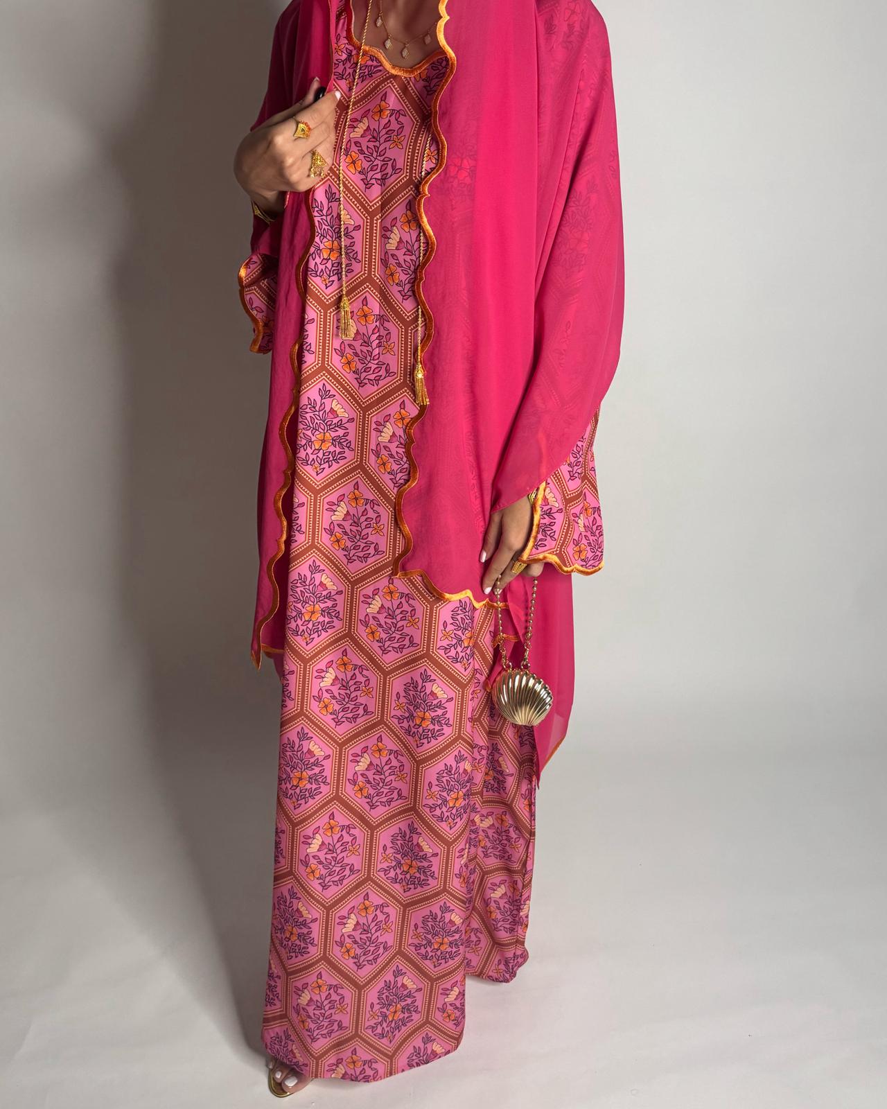 A524 - Pink Hexagon Pattern Jalabiya & Matching Head Scarf