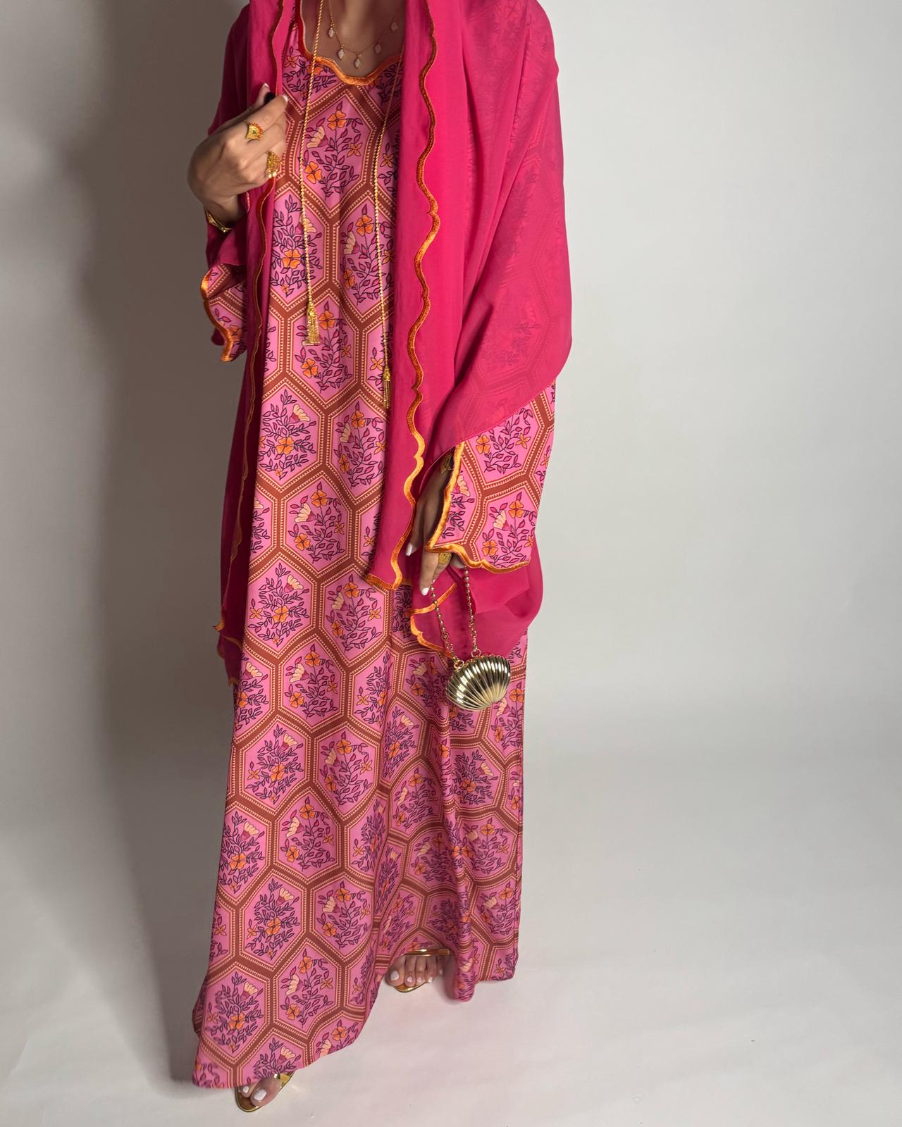 A524 - Pink Hexagon Pattern Jalabiya & Matching Head Scarf
