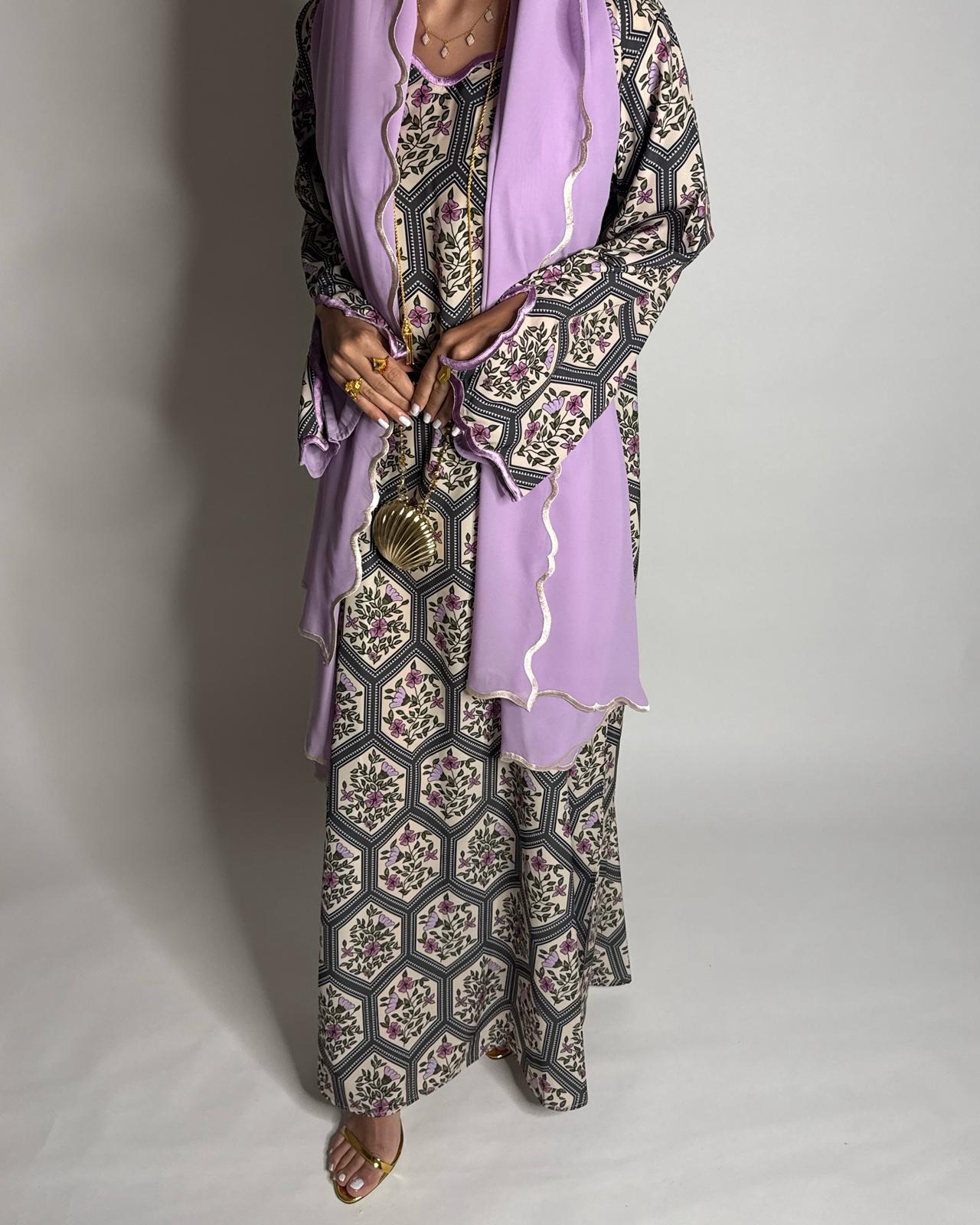 A528 - Green & Lilac Purple Hexagon Pattern Jalabiya & Matching Head Scarf