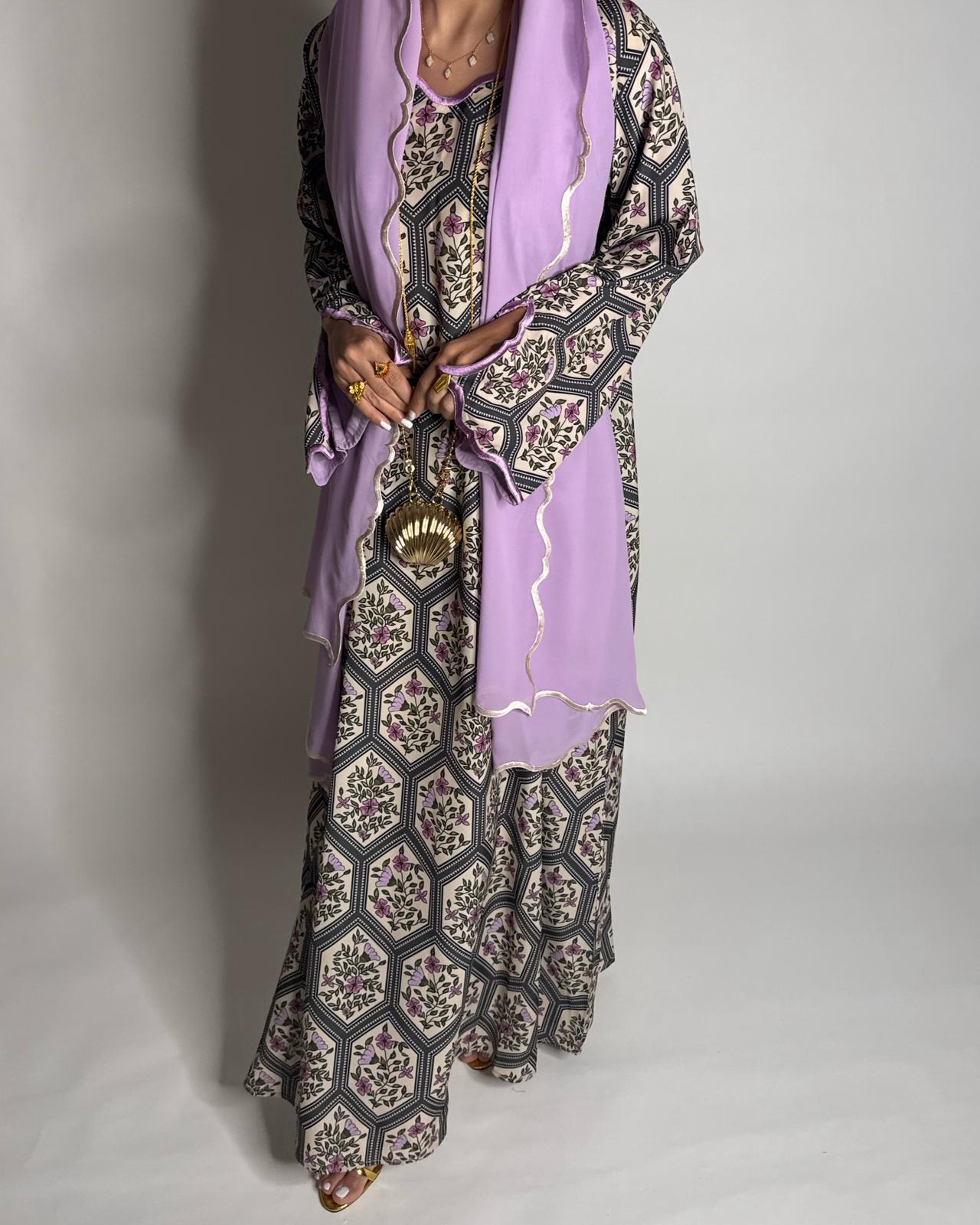 A528 - Green & Lilac Purple Hexagon Pattern Jalabiya & Matching Head Scarf