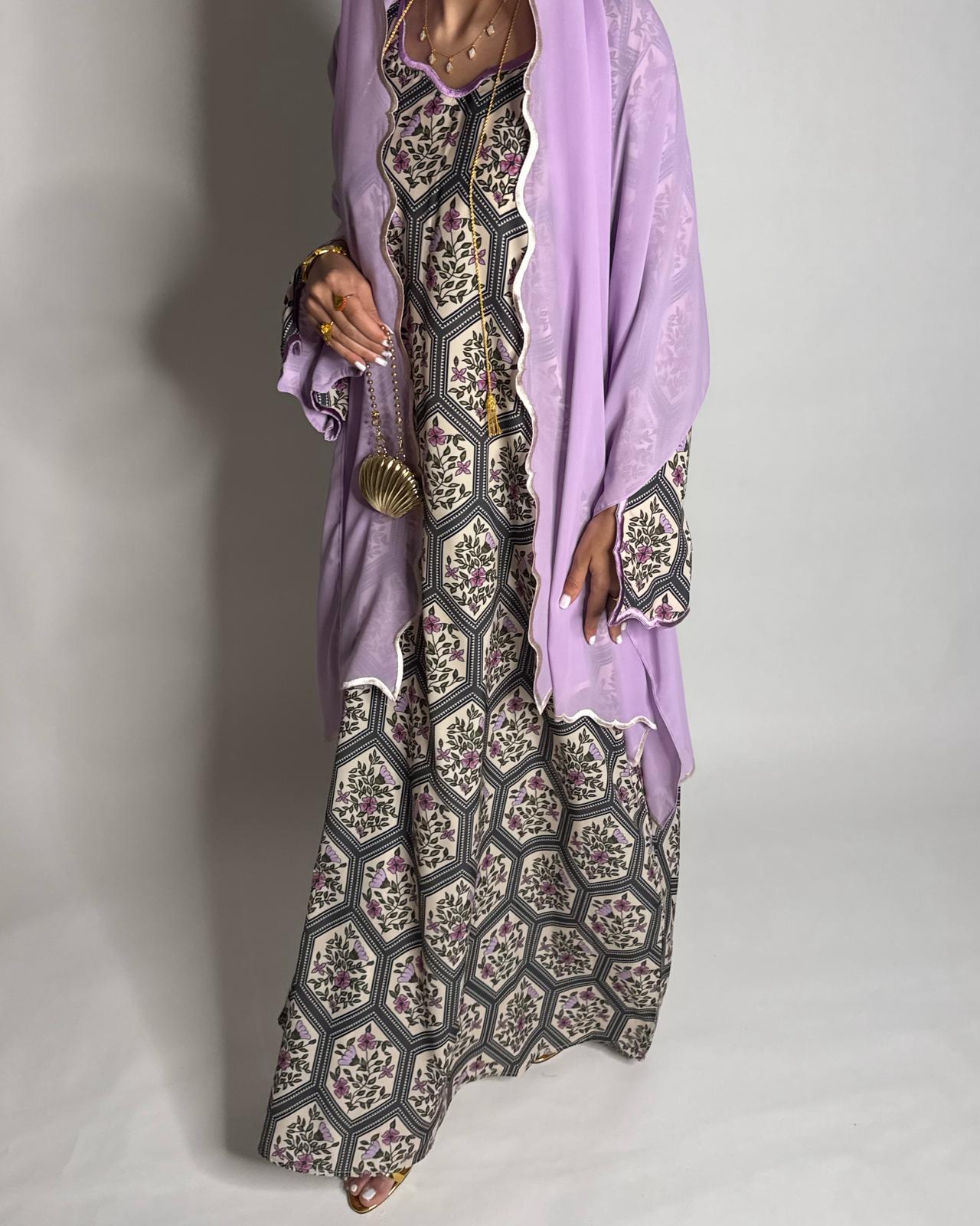 A528 - Green & Lilac Purple Hexagon Pattern Jalabiya & Matching Head Scarf