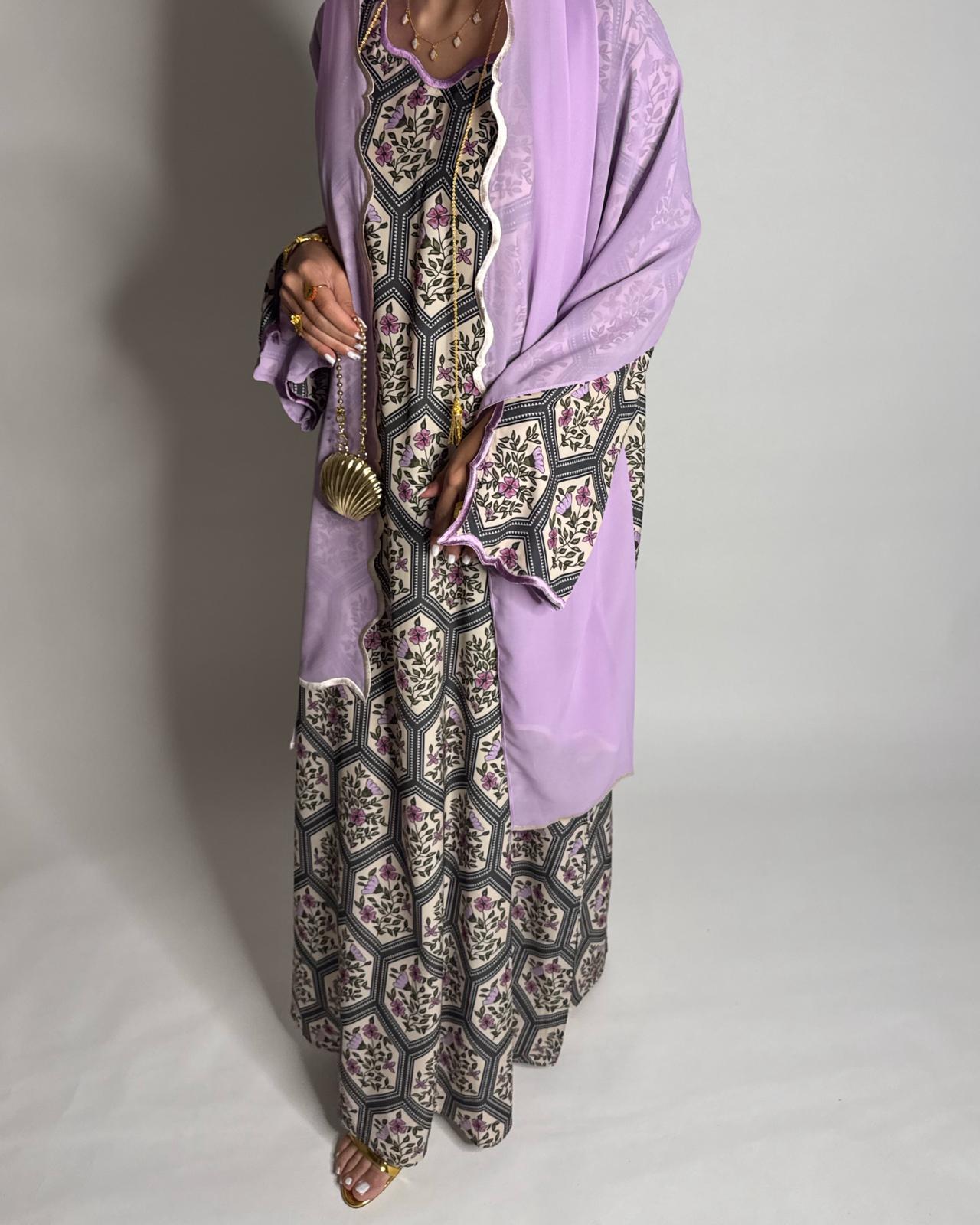 A528 - Green & Lilac Purple Hexagon Pattern Jalabiya & Matching Head Scarf