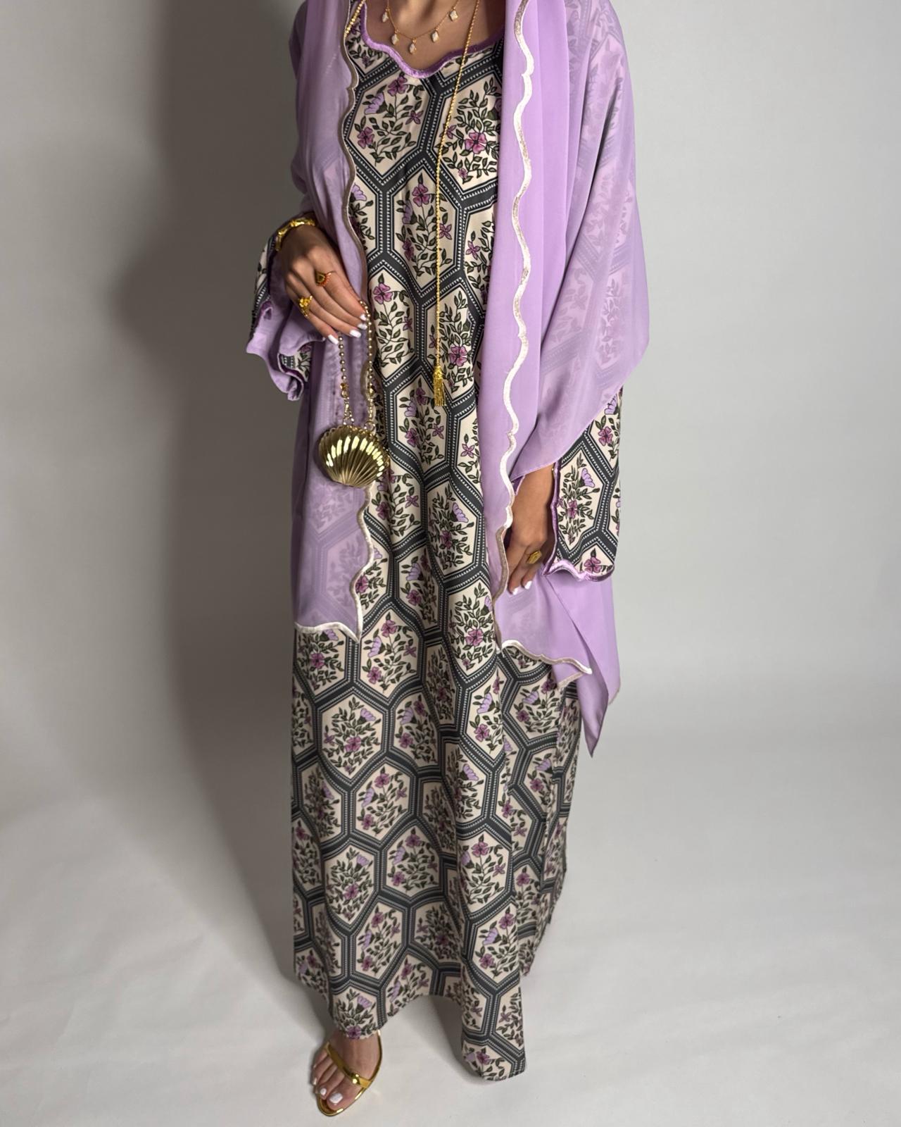 A528 - Green & Lilac Purple Hexagon Pattern Jalabiya & Matching Head Scarf