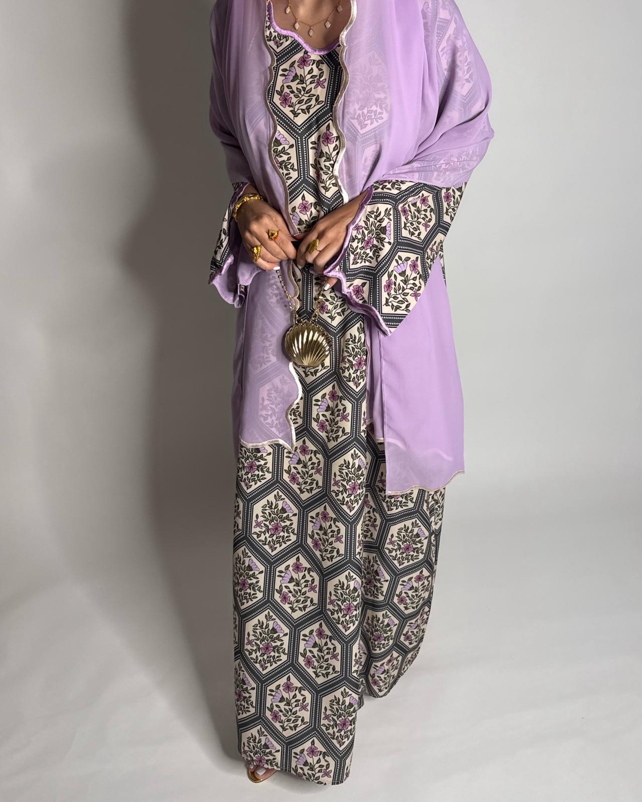 A528 - Green & Lilac Purple Hexagon Pattern Jalabiya & Matching Head Scarf