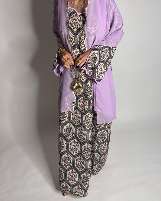 A528 - Green & Lilac Purple Hexagon Pattern Jalabiya & Matching Head Scarf