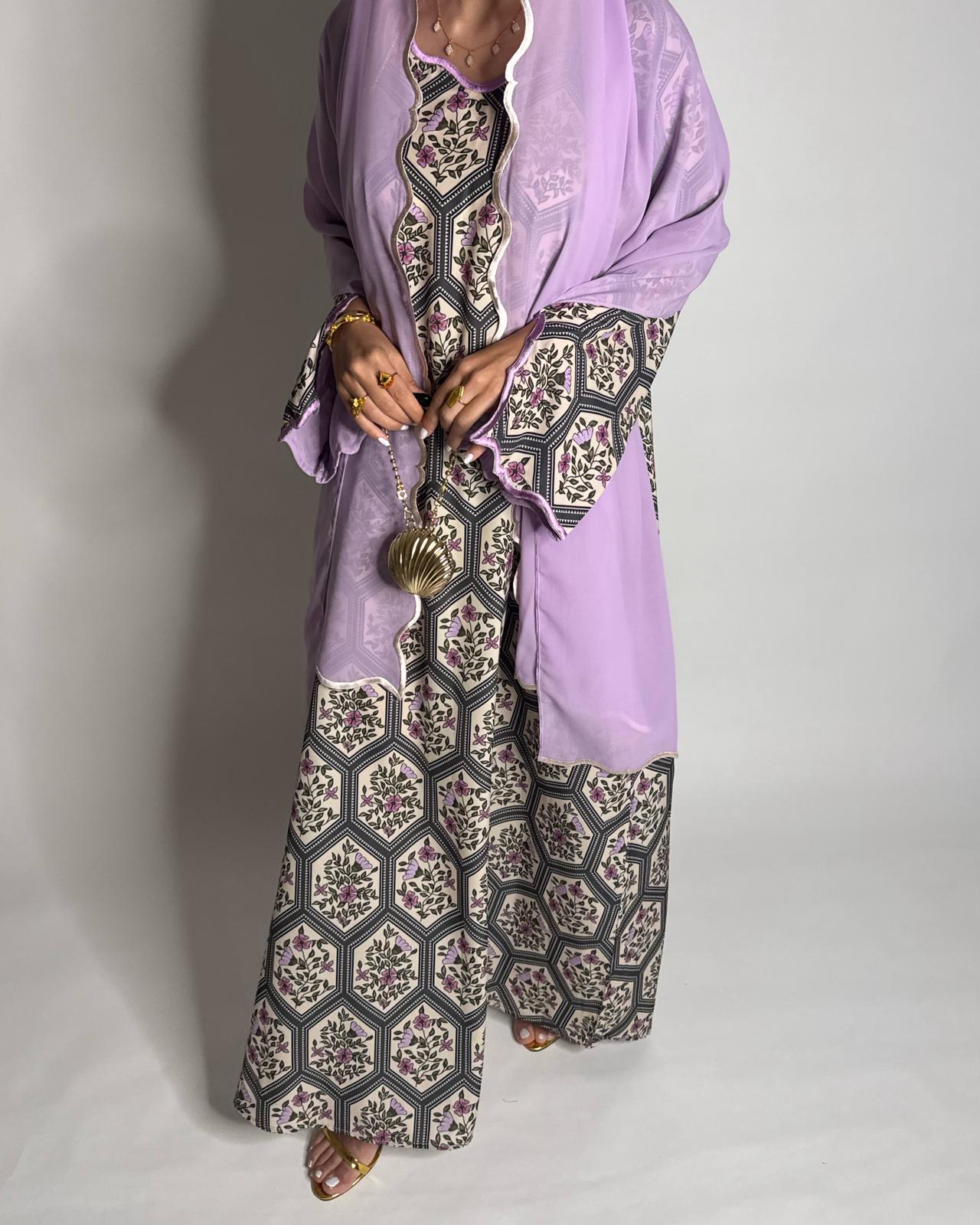A528 - Green & Lilac Purple Hexagon Pattern Jalabiya & Matching Head Scarf