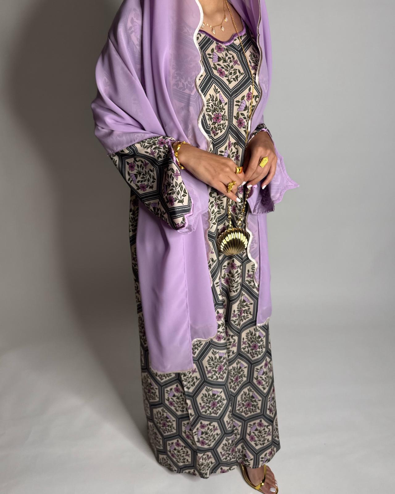 A528 - Green & Lilac Purple Hexagon Pattern Jalabiya & Matching Head Scarf