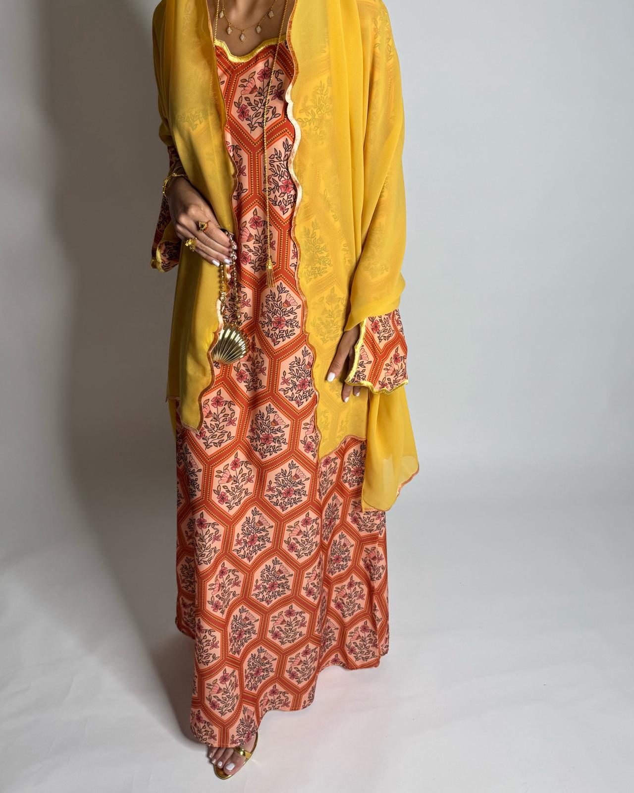 A525 - Orange & Mustard Hexagon Jalabiya & Matching Head Scarf