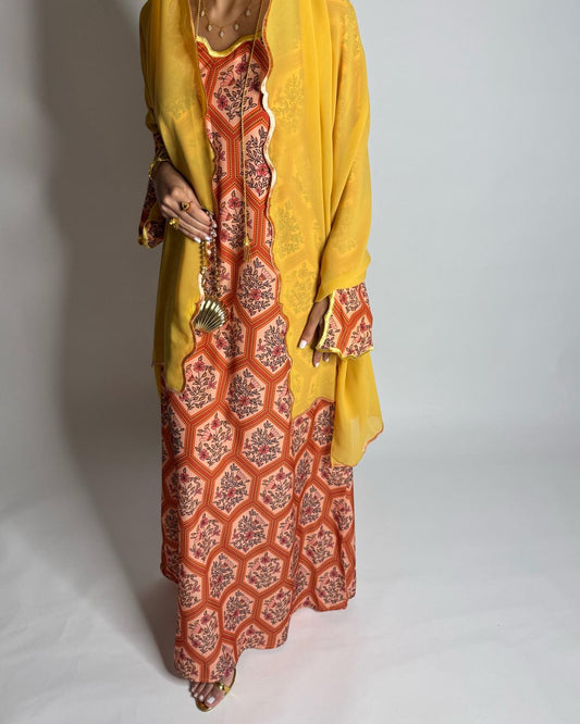 A525 - Orange & Mustard Hexagon Jalabiya & Matching Head Scarf