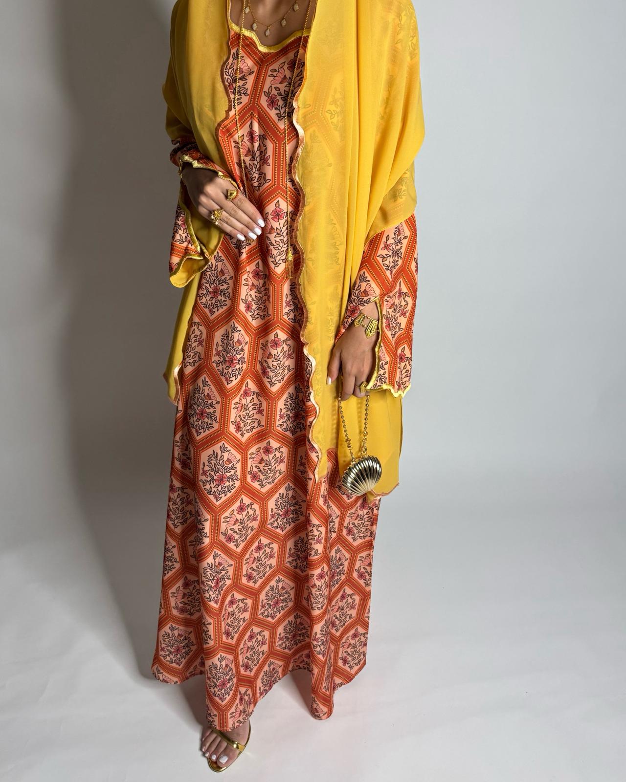 A525 - Orange & Mustard Hexagon Jalabiya & Matching Head Scarf