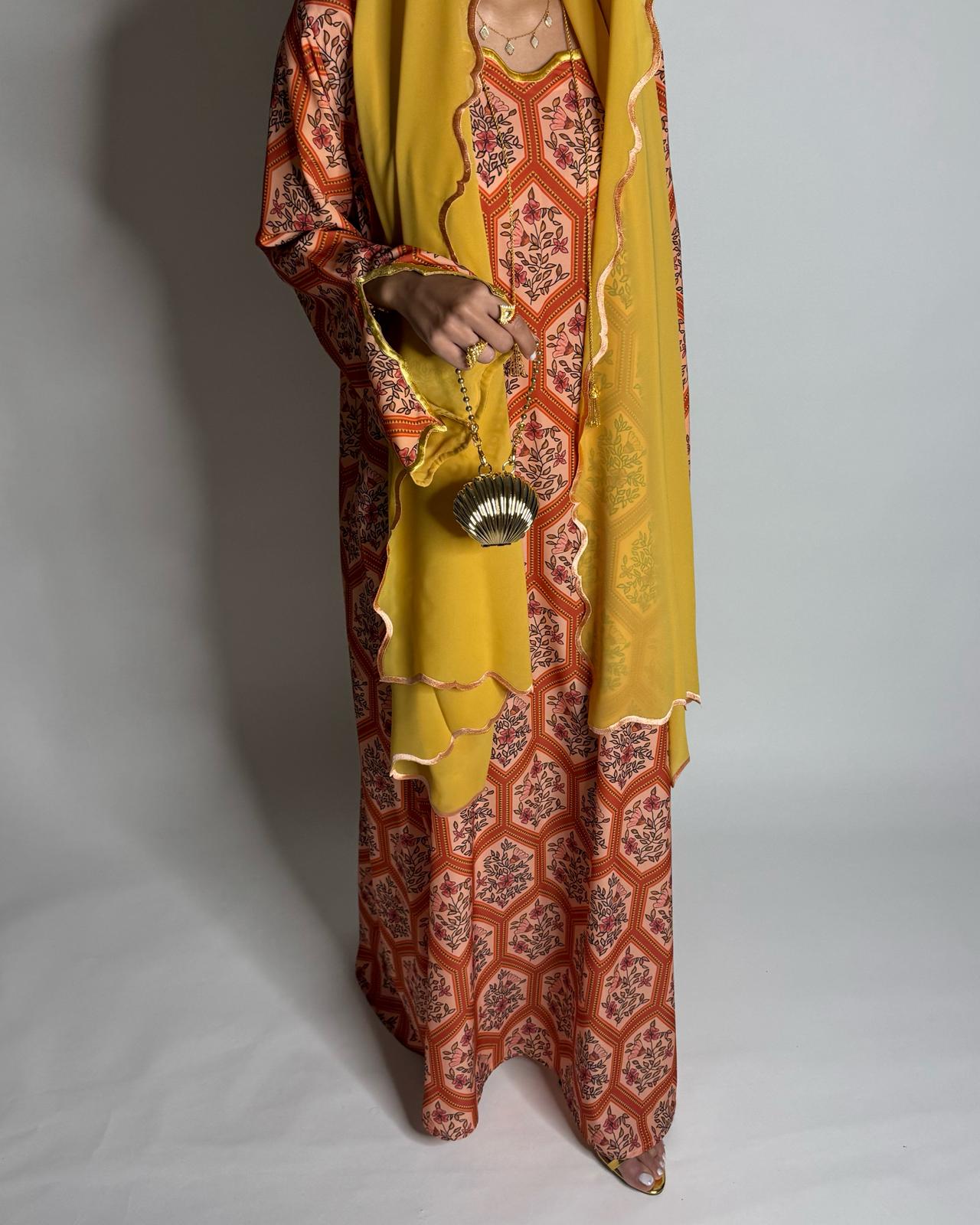A525 - Orange & Mustard Hexagon Jalabiya & Matching Head Scarf