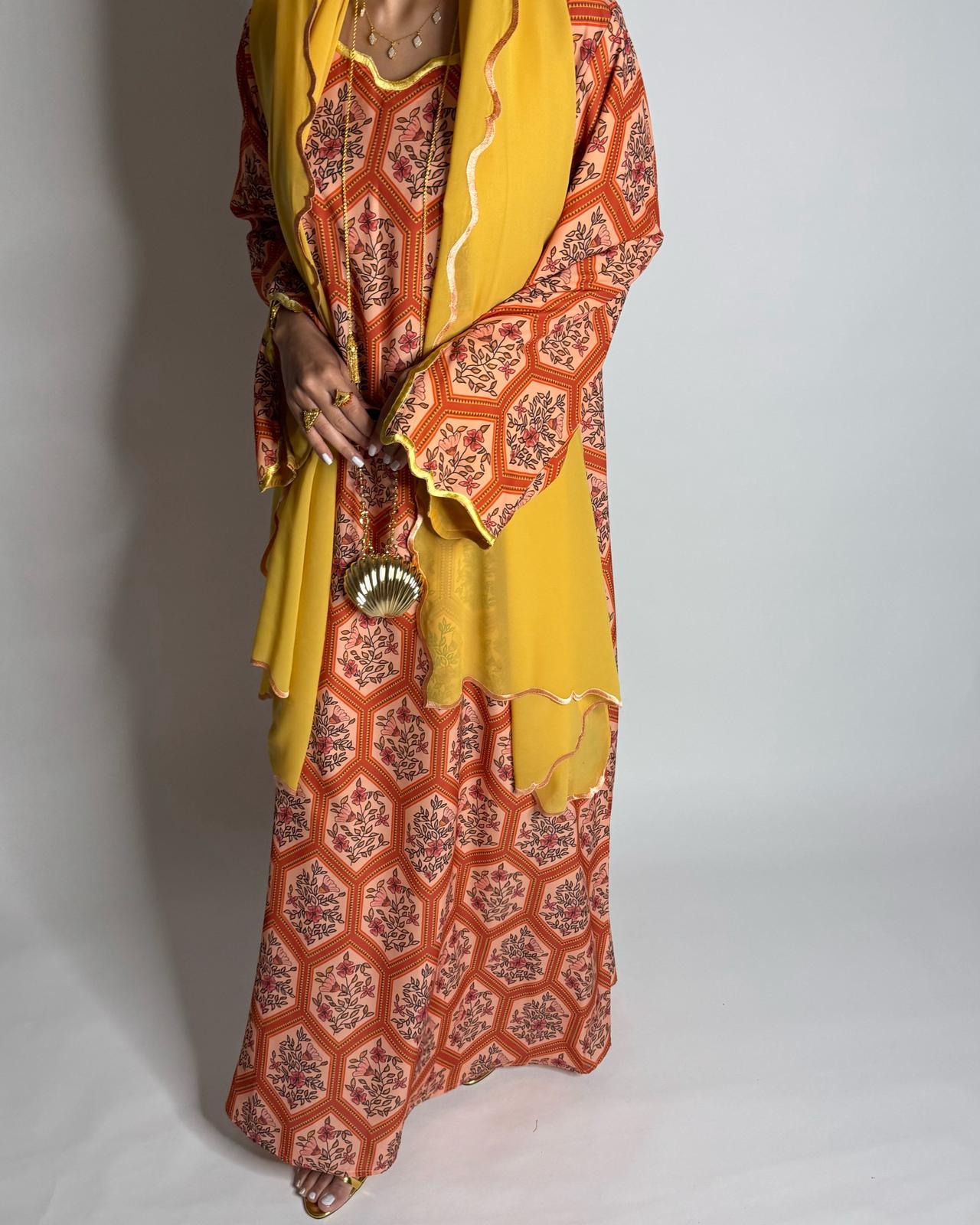 A525 - Orange & Mustard Hexagon Jalabiya & Matching Head Scarf