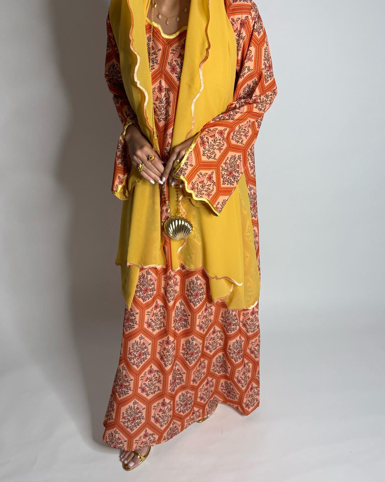 A525 - Orange & Mustard Hexagon Jalabiya & Matching Head Scarf