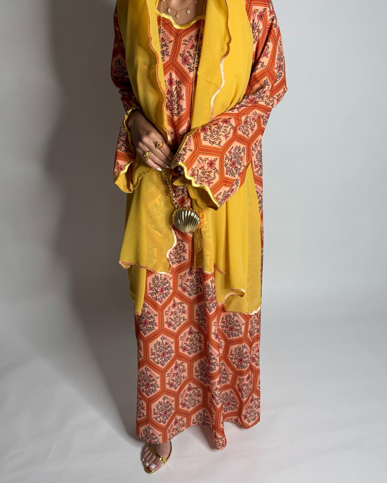 A525 - Orange & Mustard Hexagon Jalabiya & Matching Head Scarf