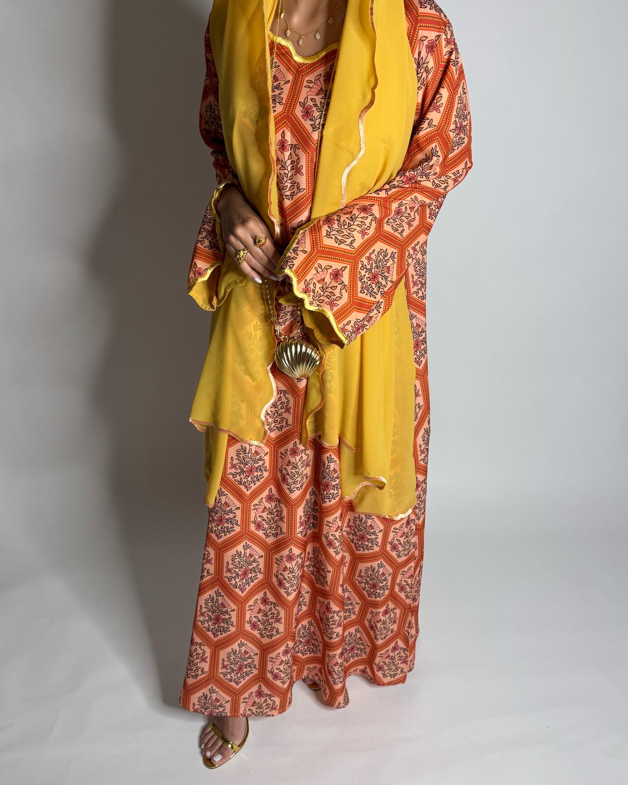 A525 - Orange & Mustard Hexagon Jalabiya & Matching Head Scarf