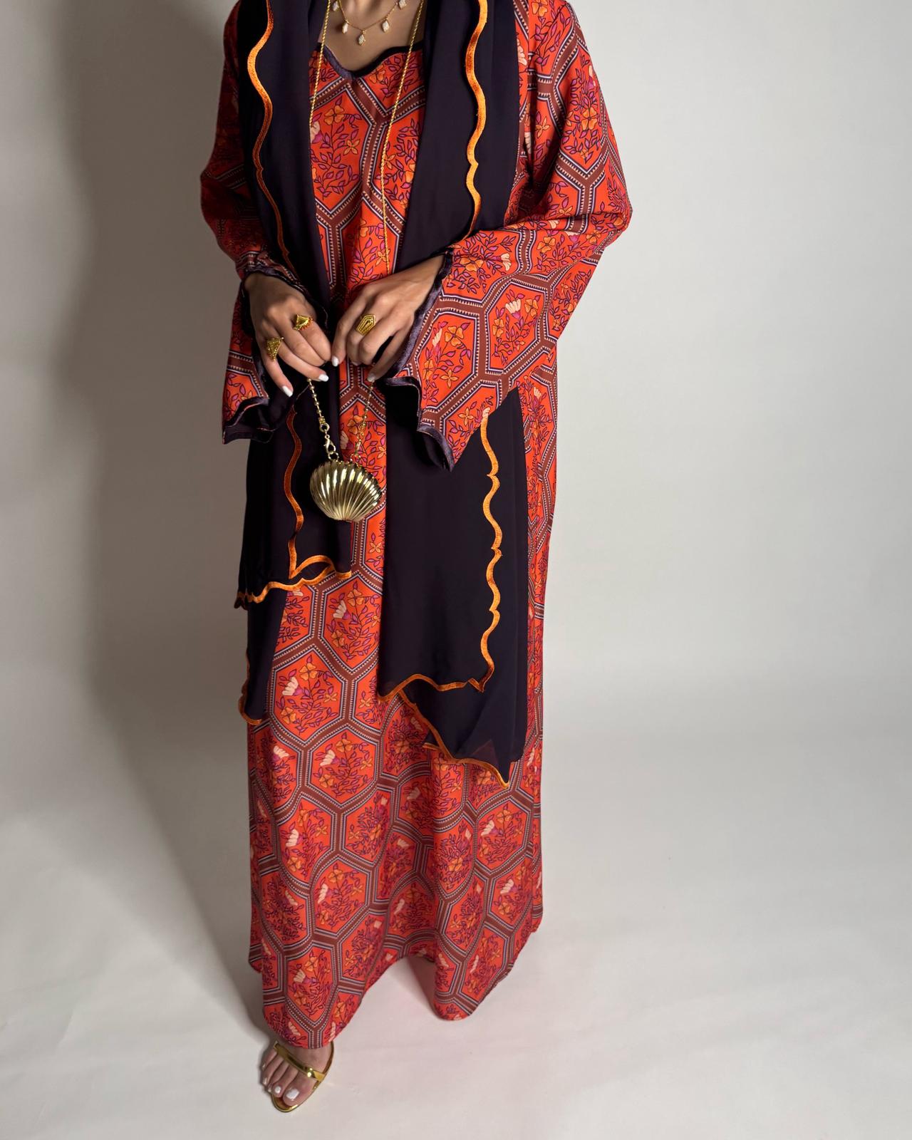 A526 - Red & Dark Purple Hexagon Jalabiya & Matching Head Scarf