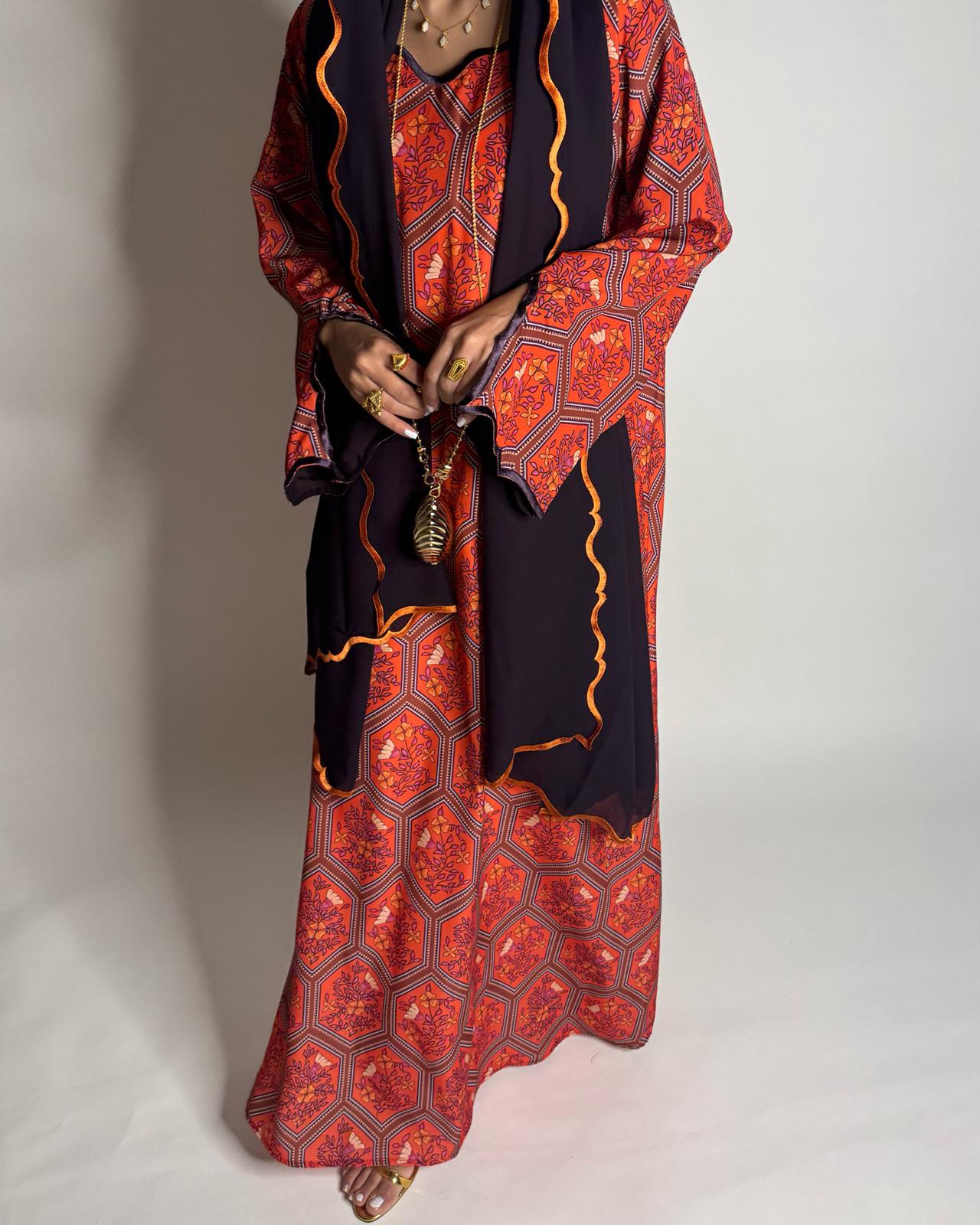 A526 - Red & Dark Purple Hexagon Jalabiya & Matching Head Scarf