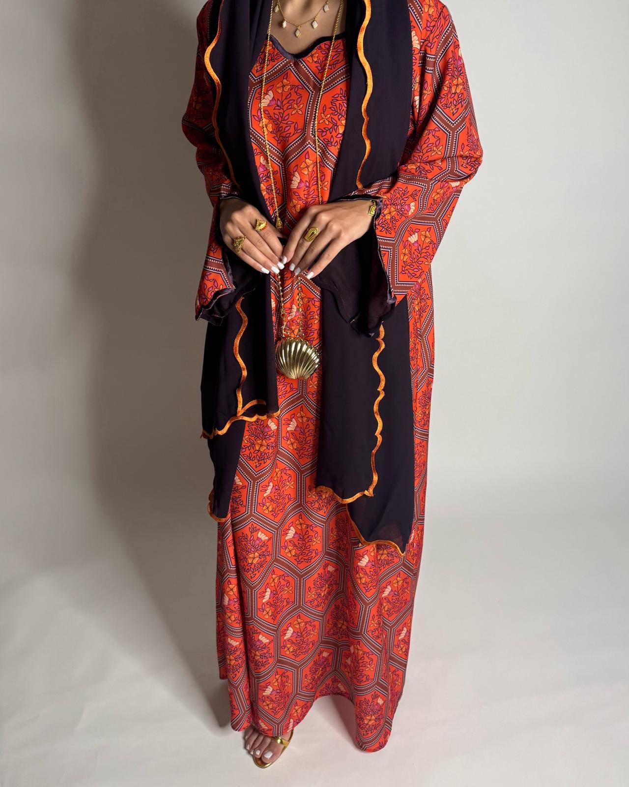 A526 - Red & Dark Purple Hexagon Jalabiya & Matching Head Scarf