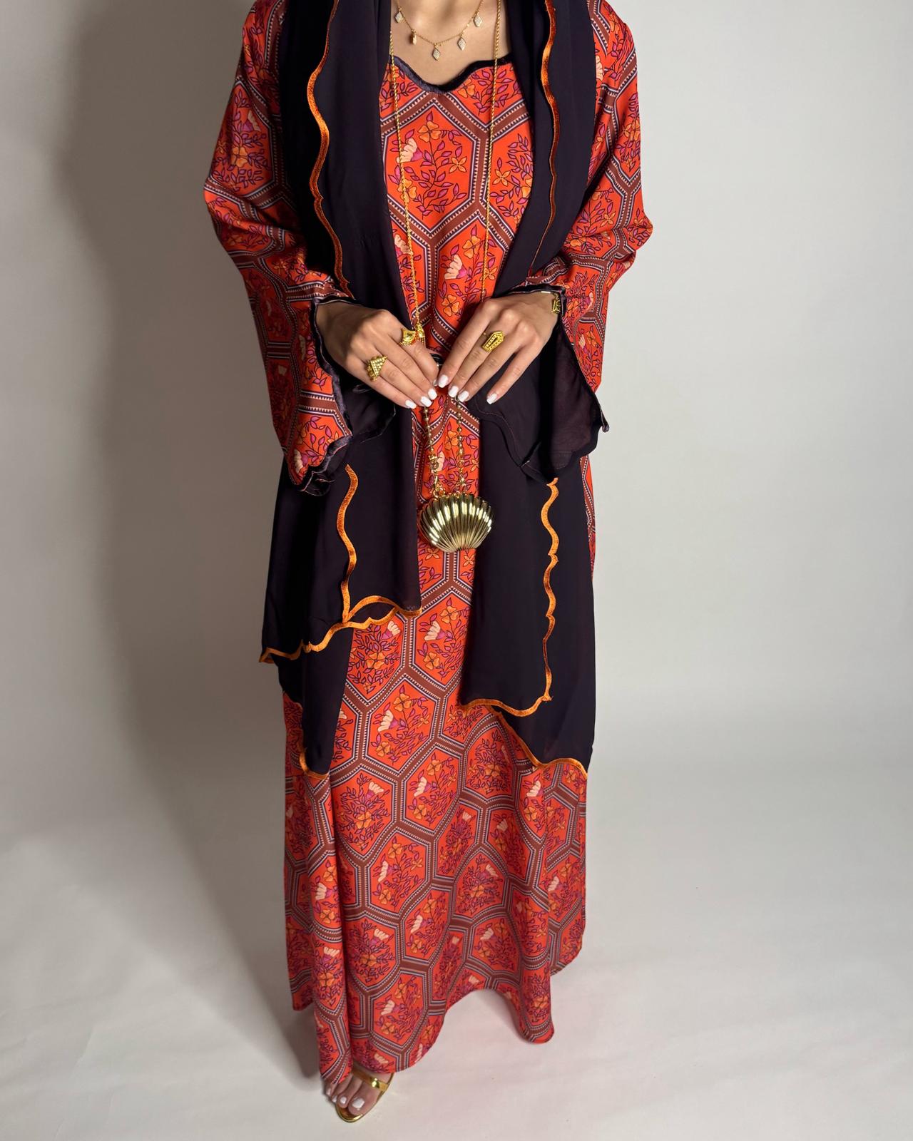 A526 - Red & Dark Purple Hexagon Jalabiya & Matching Head Scarf