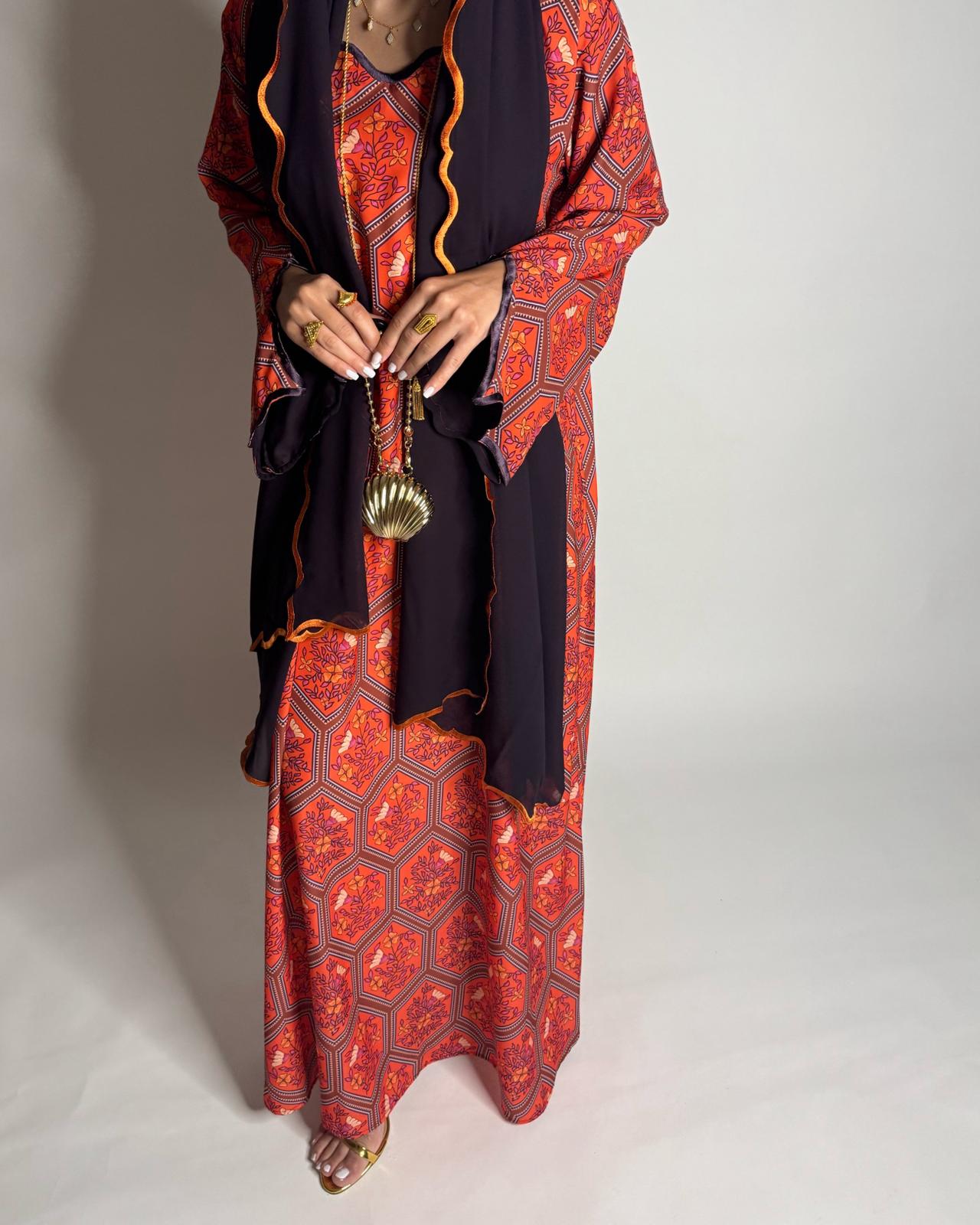 A526 - Red & Dark Purple Hexagon Jalabiya & Matching Head Scarf