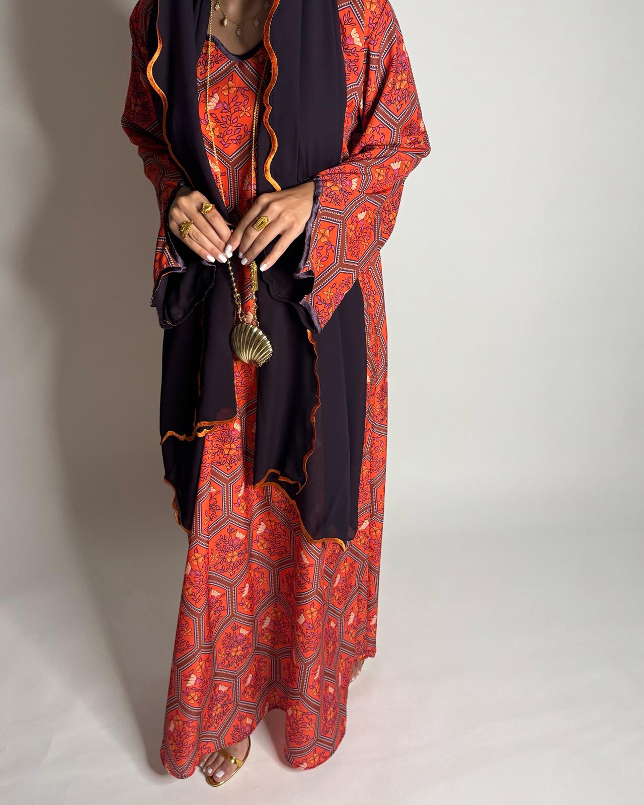 A526 - Red & Dark Purple Hexagon Jalabiya & Matching Head Scarf