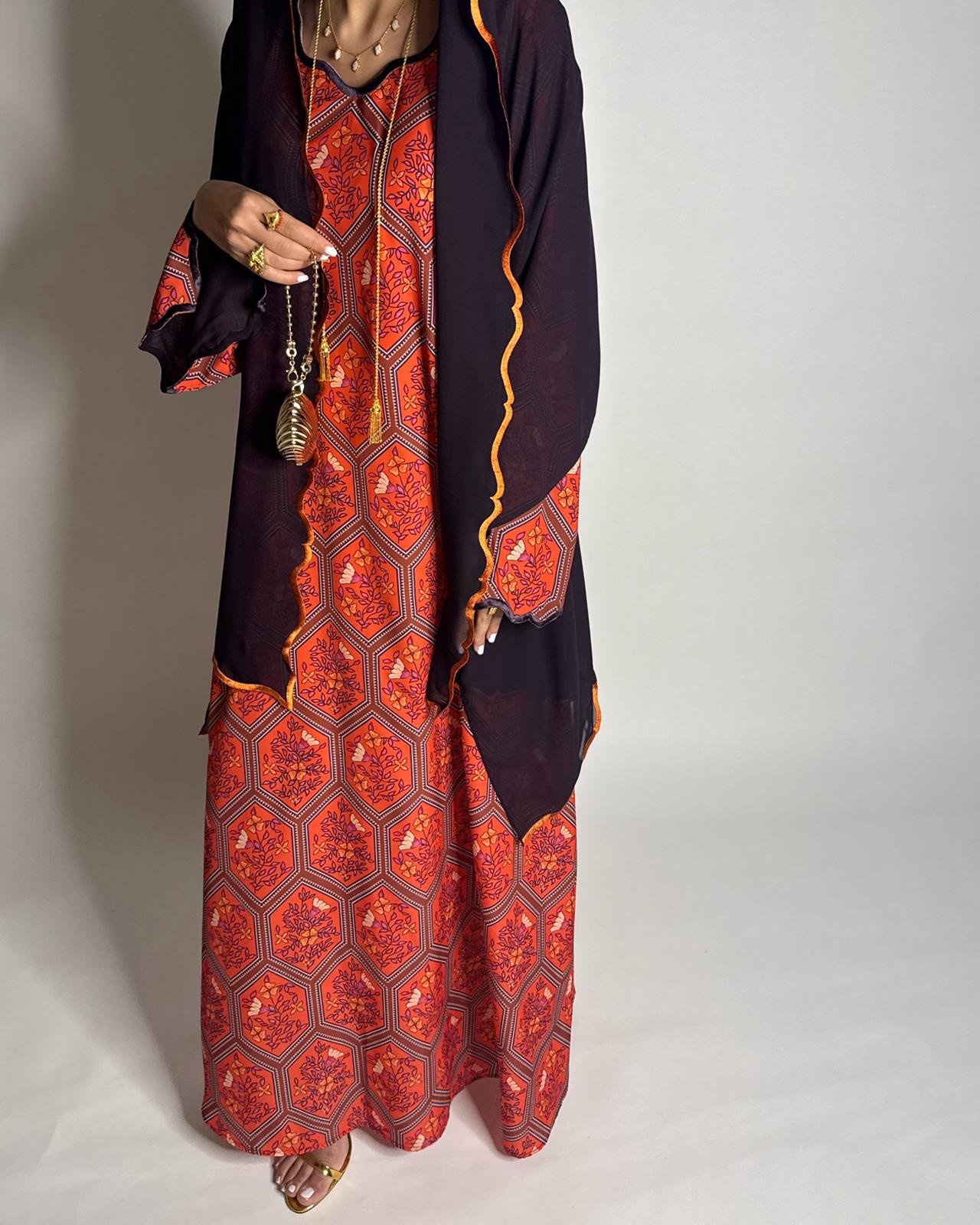 A526 - Red & Dark Purple Hexagon Jalabiya & Matching Head Scarf