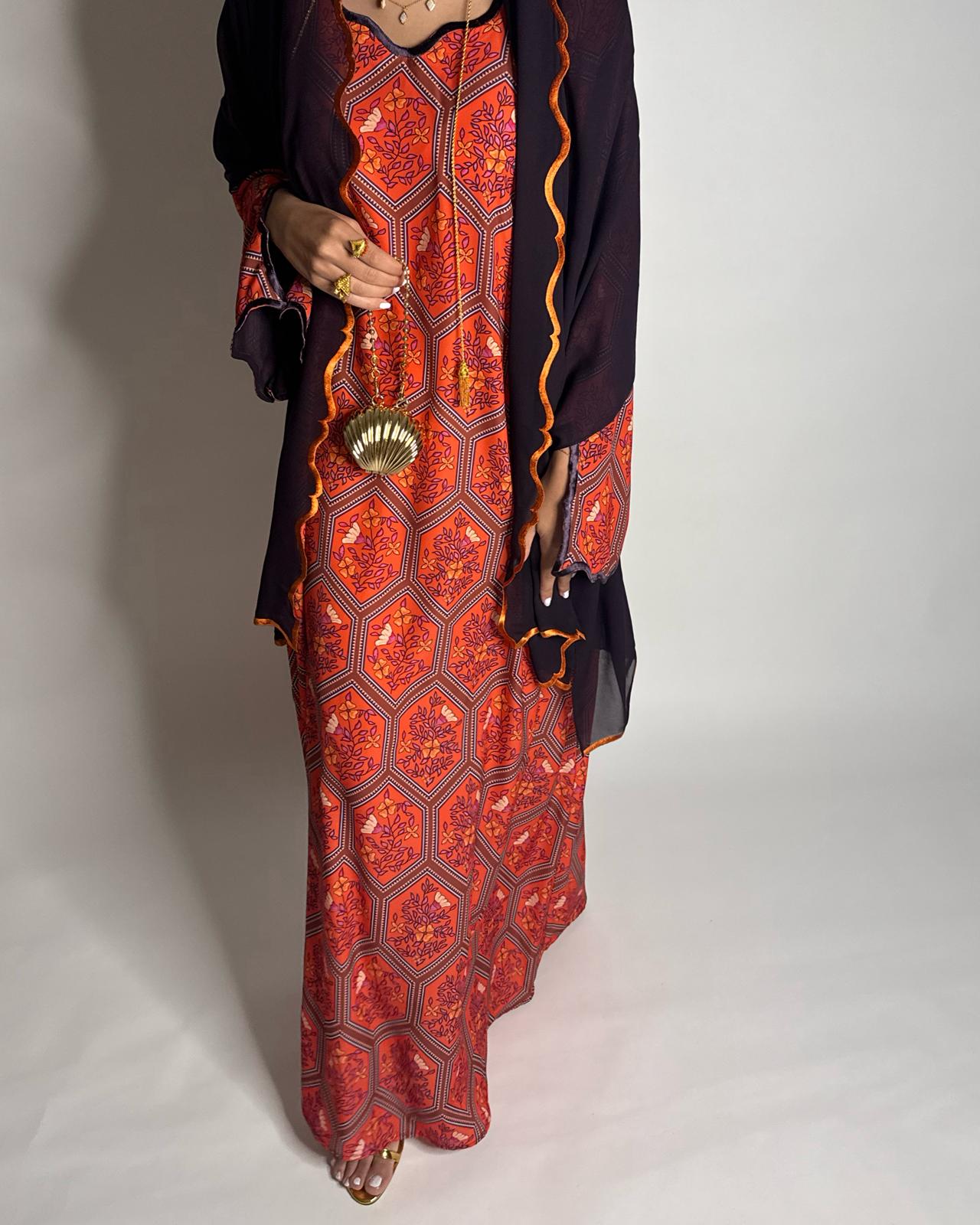 A526 - Red & Dark Purple Hexagon Jalabiya & Matching Head Scarf