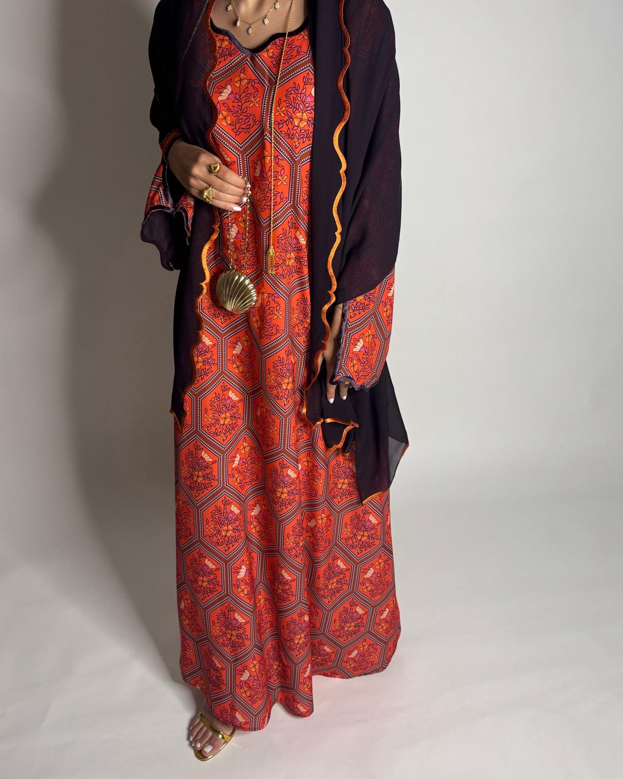 A526 - Red & Dark Purple Hexagon Jalabiya & Matching Head Scarf