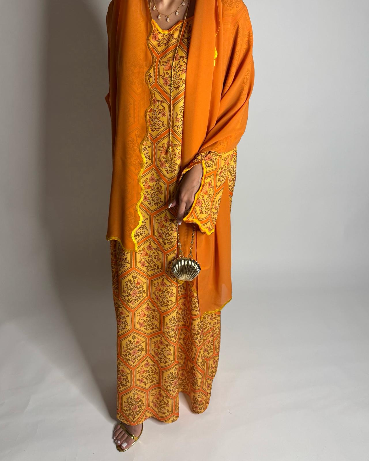 A523 - Orange & Yellow Hexagon Pattern Jalabiya & Matching Head Scarf