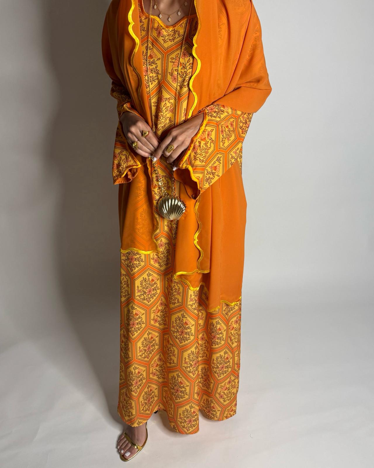 A523 - Orange & Yellow Hexagon Pattern Jalabiya & Matching Head Scarf