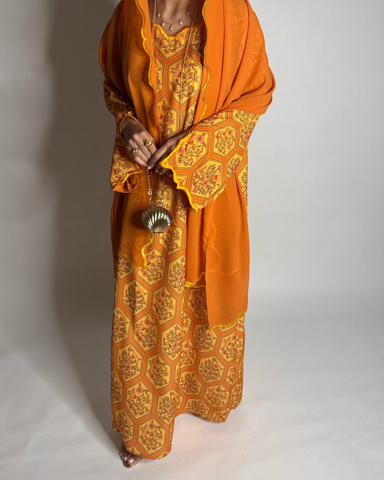 A523 - Orange & Yellow Hexagon Pattern Jalabiya & Matching Head Scarf