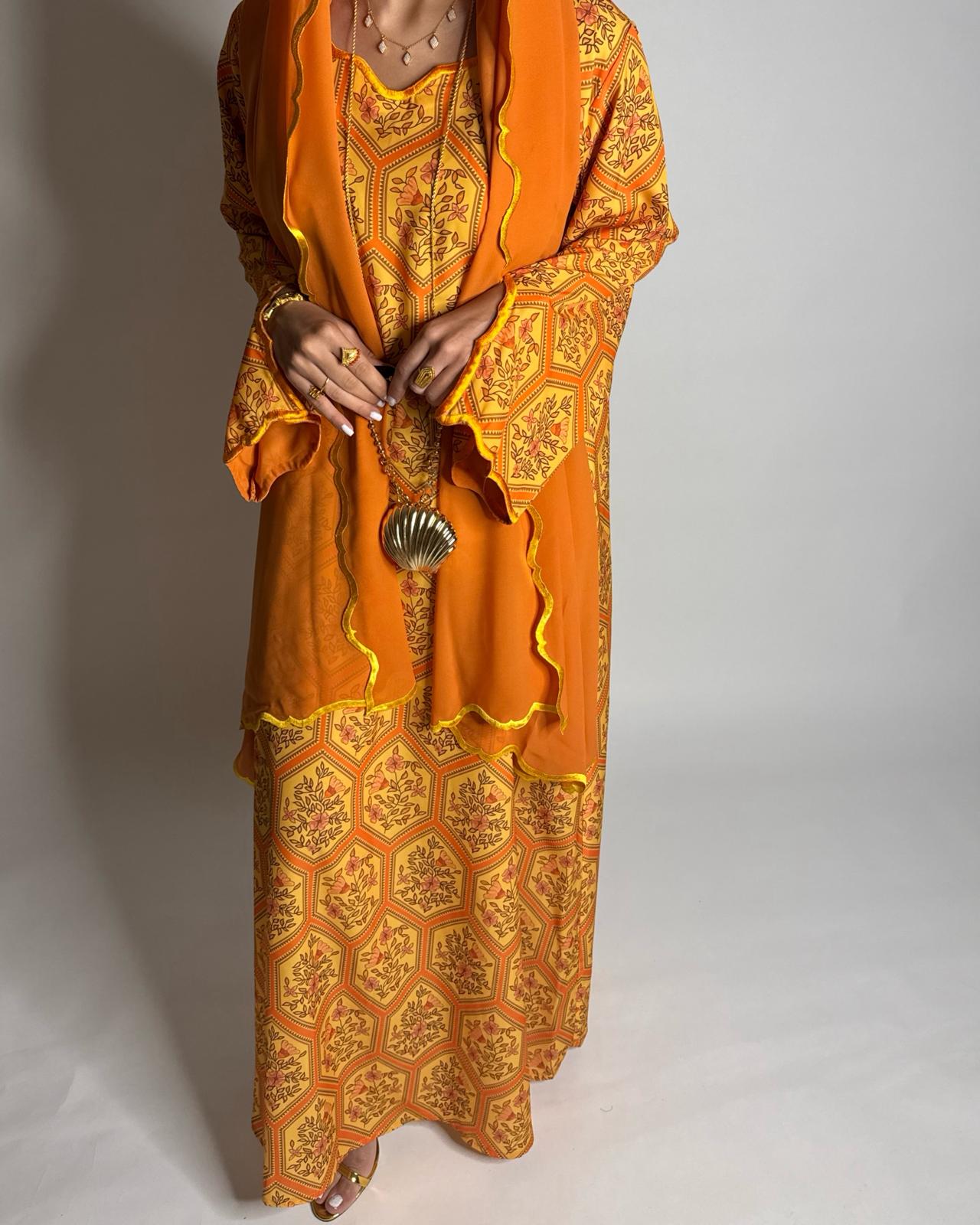 A523 - Orange & Yellow Hexagon Pattern Jalabiya & Matching Head Scarf