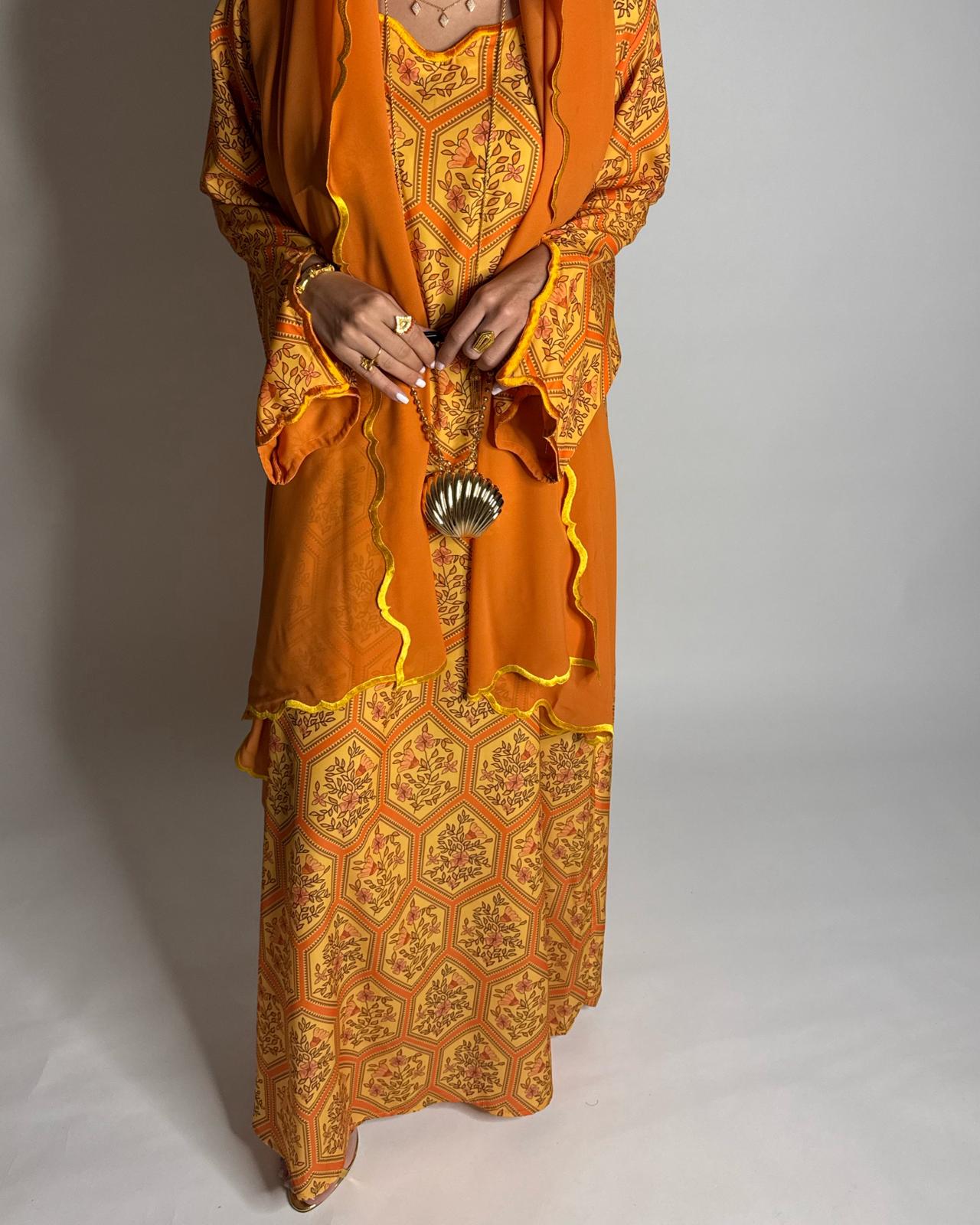 A523 - Orange & Yellow Hexagon Pattern Jalabiya & Matching Head Scarf