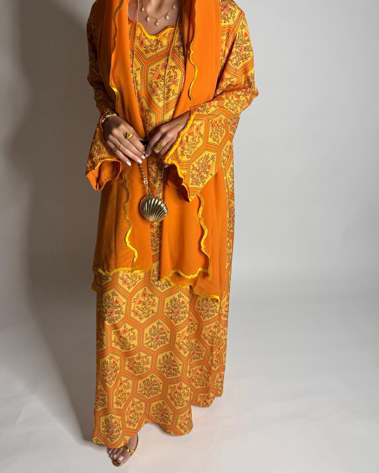 A523 - Orange & Yellow Hexagon Pattern Jalabiya & Matching Head Scarf
