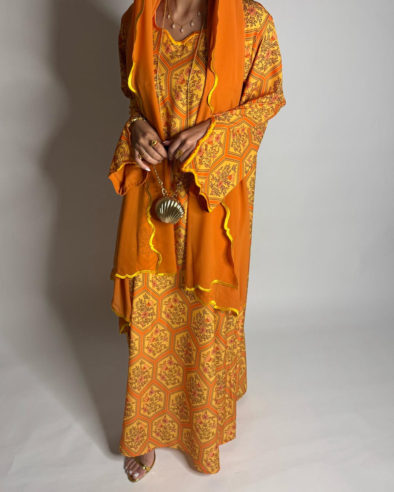 A523 - Orange & Yellow Hexagon Pattern Jalabiya & Matching Head Scarf