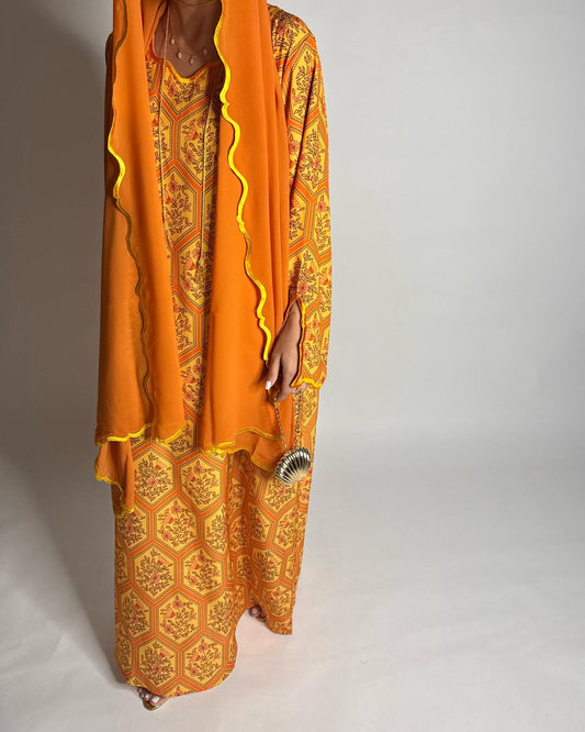 A523 - Orange & Yellow Hexagon Pattern Jalabiya & Matching Head Scarf